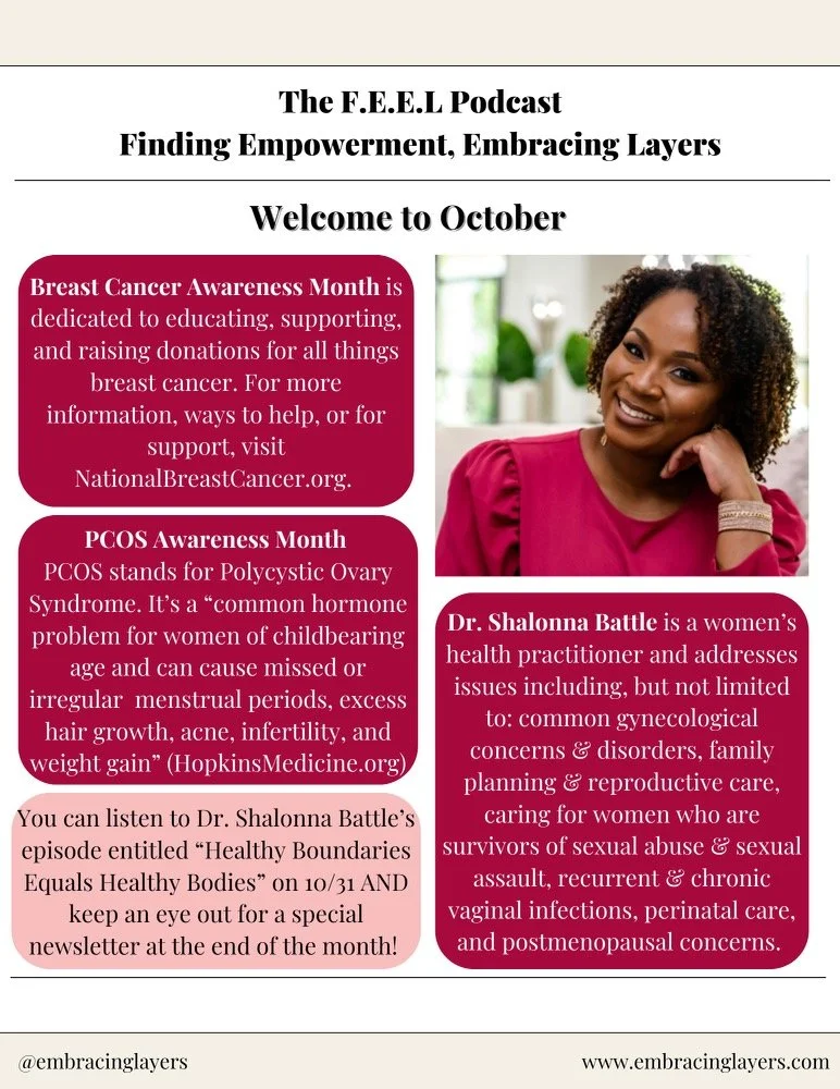 The F.E.E.L Podcast offers information for October, highlighting Breast Cancer Awareness Month and PCOS Awareness Month. It promotes visiting NationalBreastCancer.org for more resources. Dr. Shalonna Battle, a women’s health practitioner, is mentione