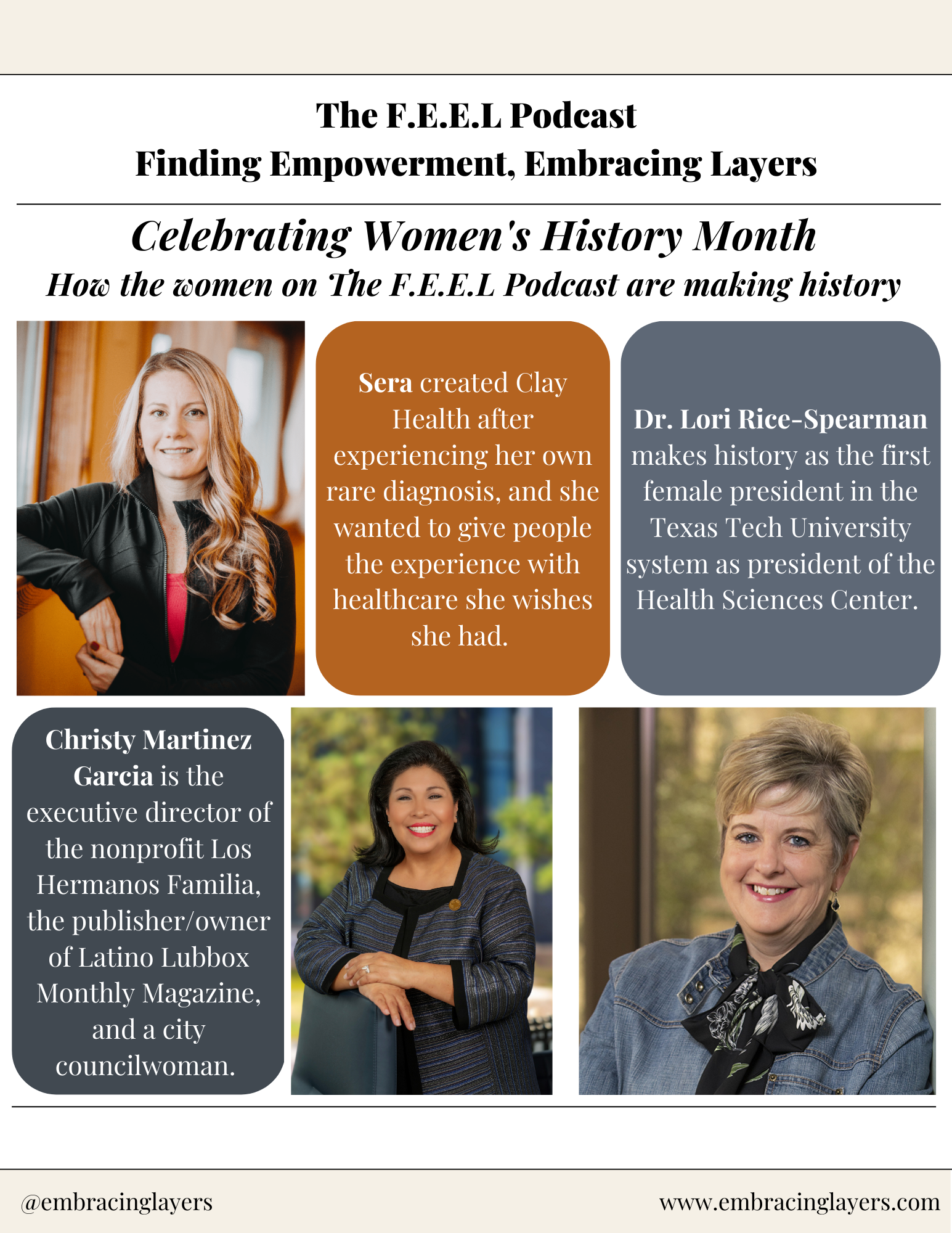 Graphic promoting The F.E.E.L Podcast, celebrating Women's History Month. Features images of three women and descriptions of their achievements. The text highlights how these women, associated with the podcast, are making history through healthcare i
