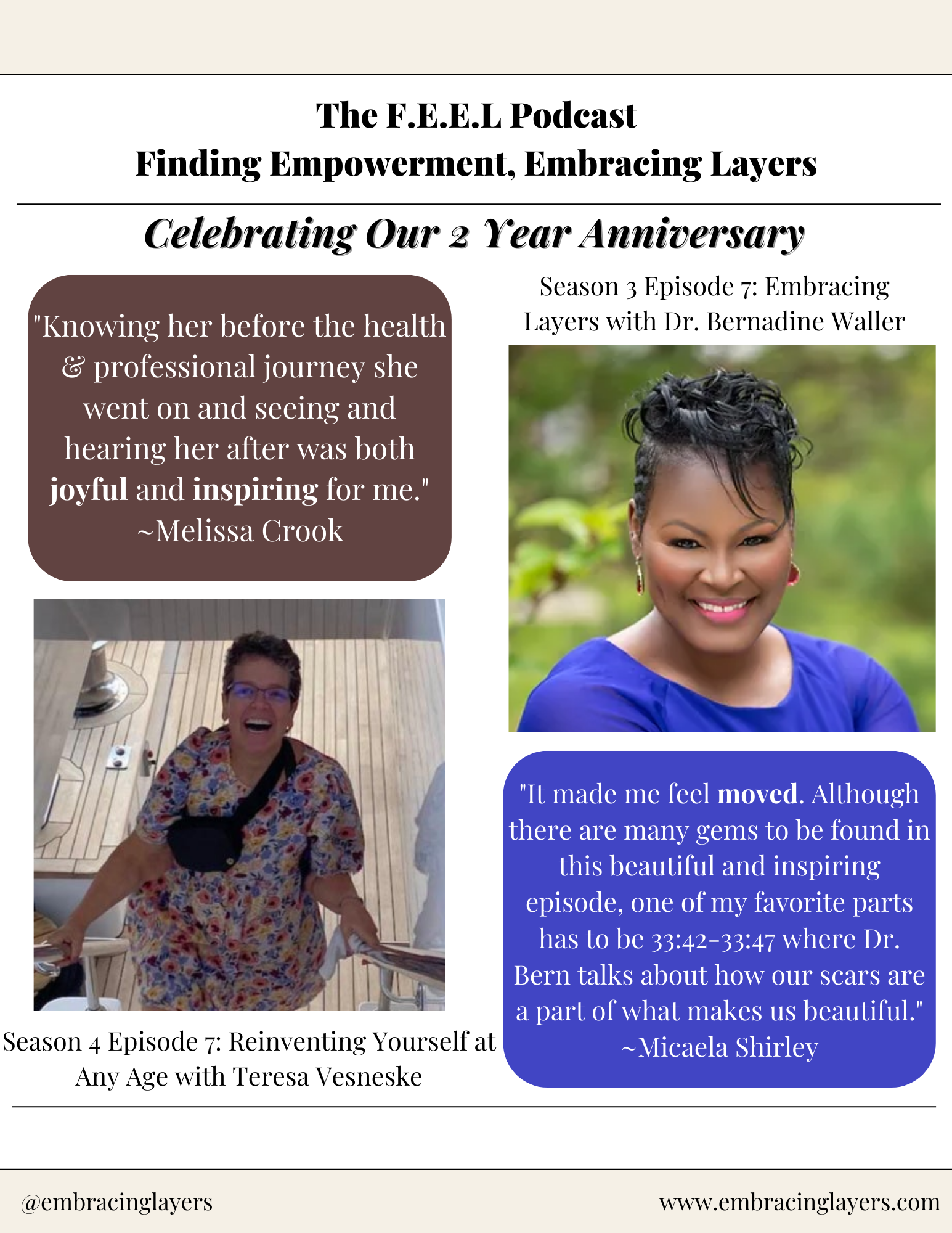 Flyer for The F.E.E.L Podcast 2-year anniversary, featuring quotes from Melissa Crook and Micaela Shirley, and showcasing episodes with Dr. Bernadine Waller and Teresa Vesneske.