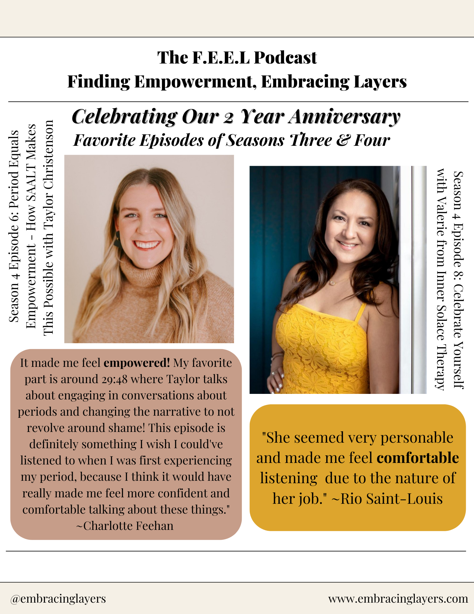 The F.E.E.L Podcast celebrates its 2-year anniversary featuring favorite episodes of seasons three and four. Includes images of two women, testimonials from Charlotte Feehan and Rio Saint-Louis, and episode titles with Taylor Christenson and Valerie 