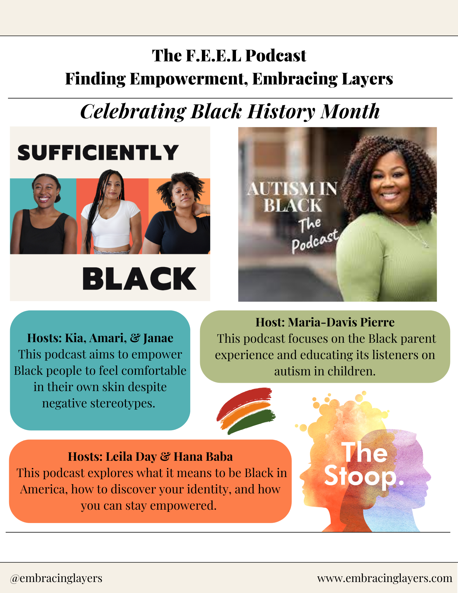 Promotional flyer for "The F.E.E.L Podcast" celebrating Black History Month, featuring three podcasts: "Sufficiently Black" hosted by Kia, Amari, and Janae; "Autism in Black" hosted by Maria-Davis Pierre; and "The Stoop" hosted by Leila Day and Hana 