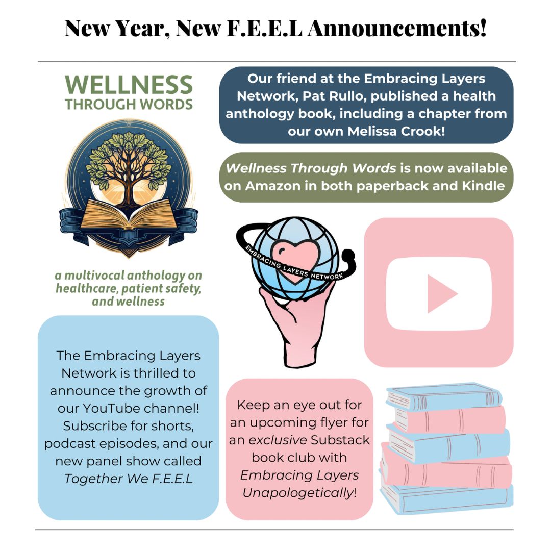 Promotional announcement for Embracing Layers Network featuring a book called "Wellness Through Words." Mentions a chapter by Melissa Crook, book availability on Amazon, and growth of the network's YouTube channel. Includes illustrations of a tree an