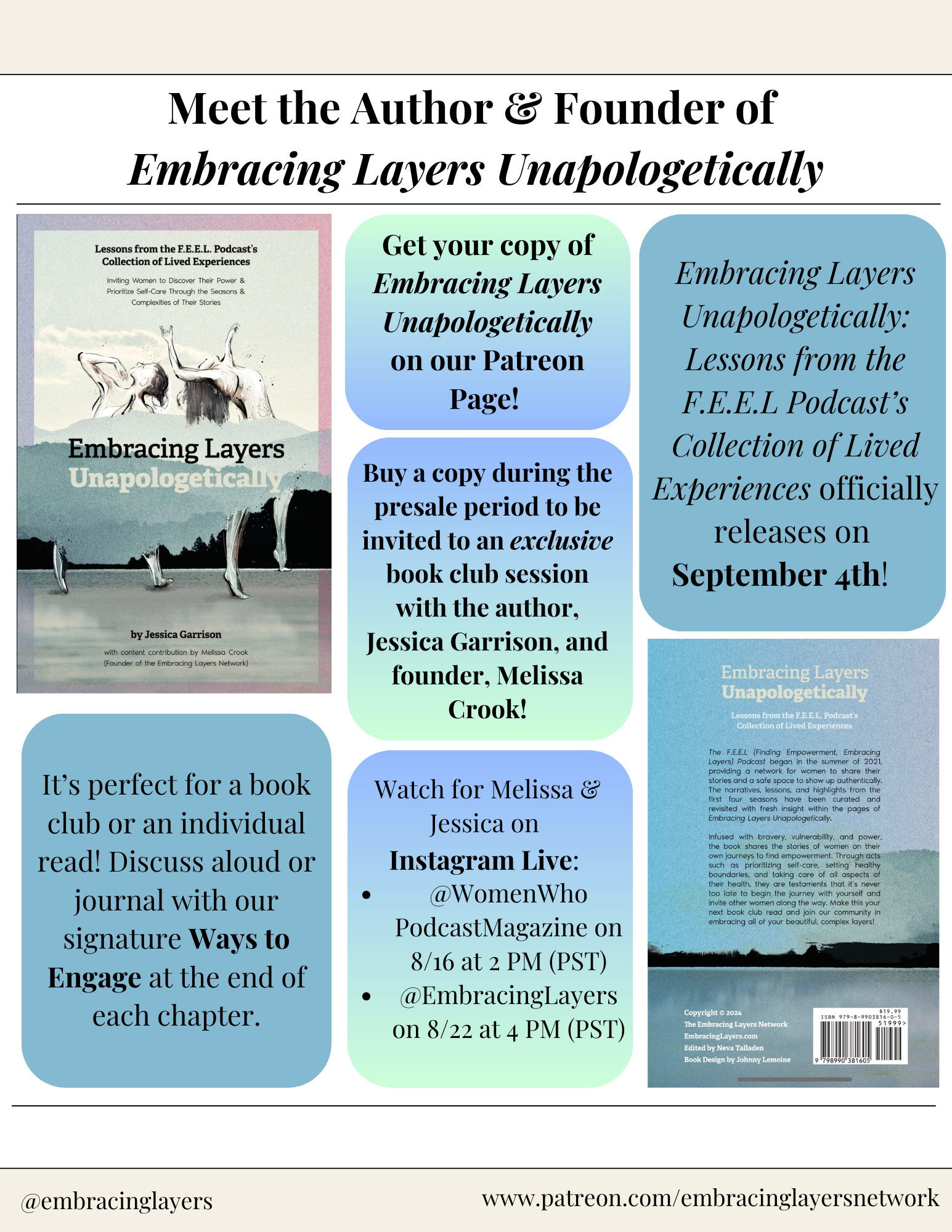 Promotional flyer for the book 'Embracing Layers Unapologetically' by Jessica Garrison. Includes book cover images, event dates, and purchase information. Encourages joining a book club session and includes details for Instagram Live events with Meli