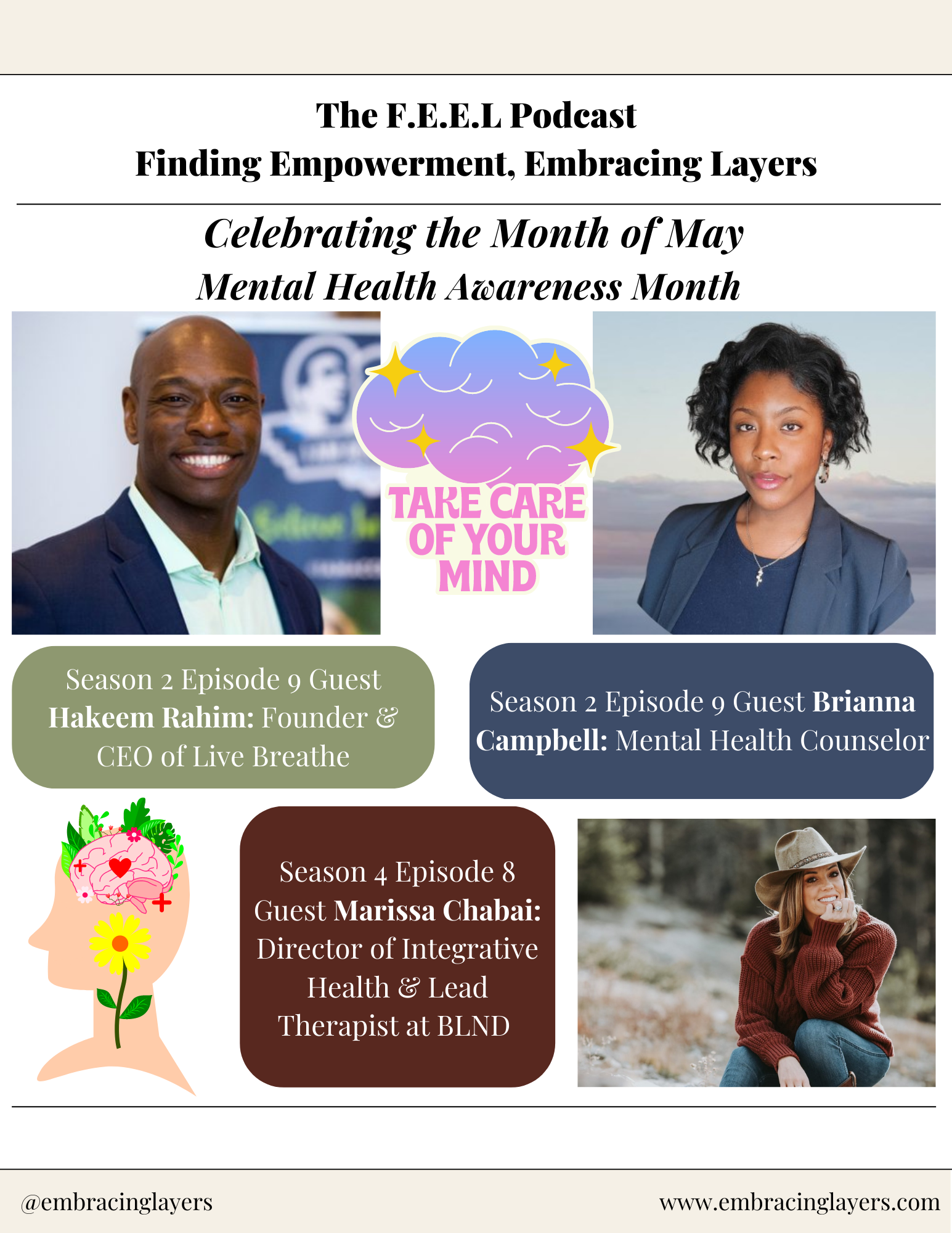 Promotional poster for The F.E.E.L Podcast featuring Mental Health Awareness Month, highlighting guests Hakeem Rahim, Brianna Campbell, and Marissa Chabai. Includes images of two professionally dressed individuals and a person in casual attire. Text 