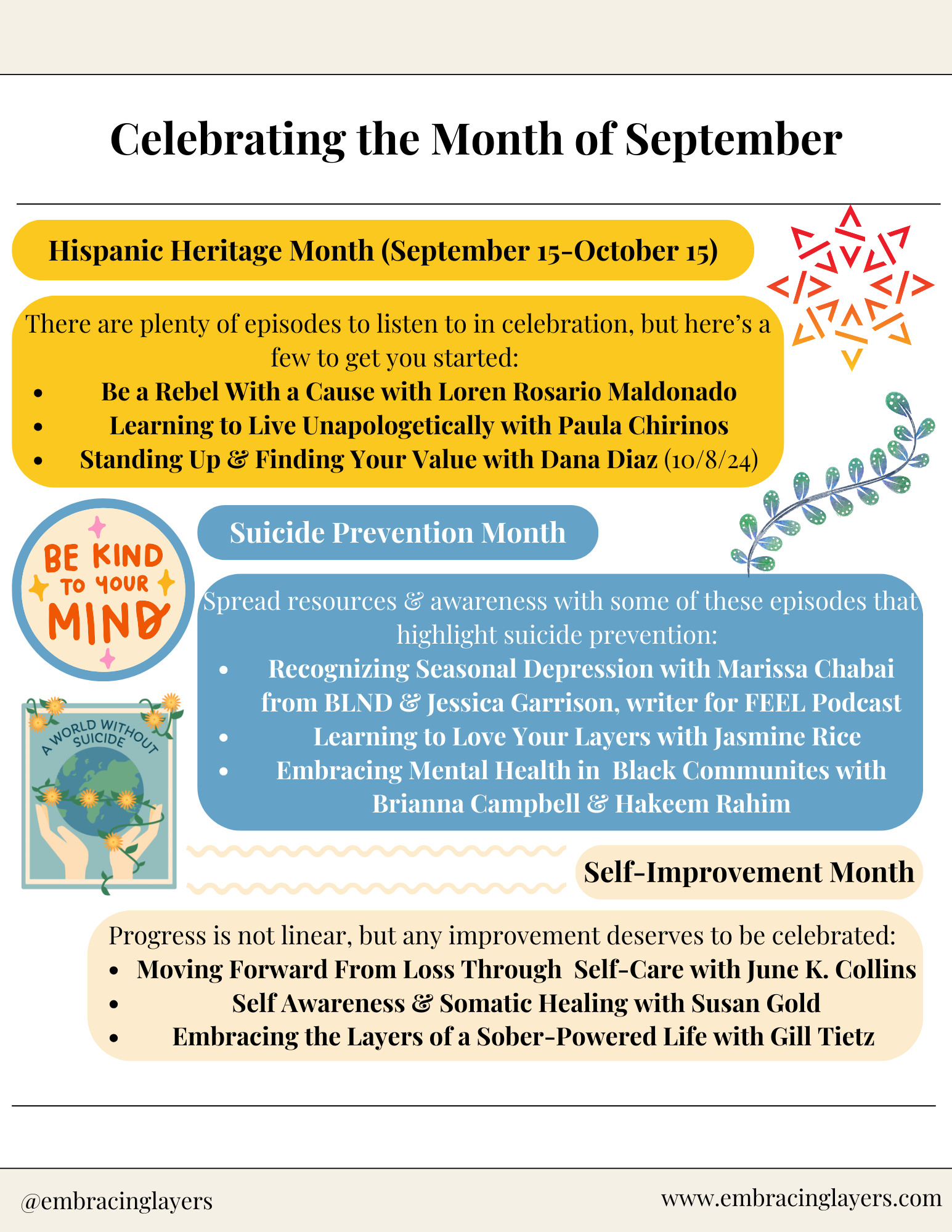 Infographic celebrating September events, including Hispanic Heritage Month, Suicide Prevention Month, and Self-Improvement Month, listing related podcast episodes and topics by Embracing Layers.