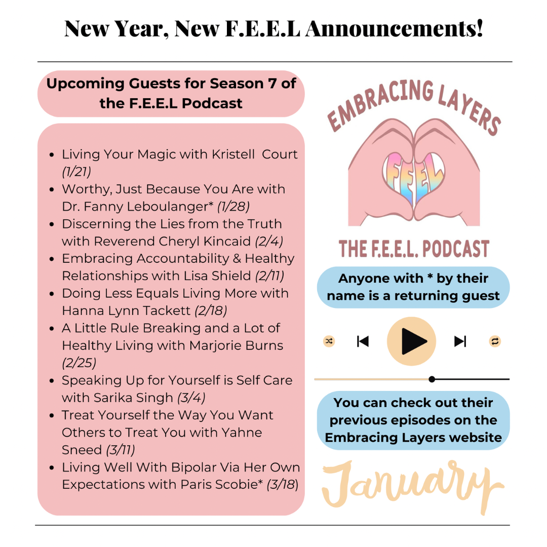 Promotional image for Season 7 of the F.E.E.L Podcast featuring a list of upcoming guests and episodes, including Kristell Court, Dr. Fanny Leboulanger, and more, with episode dates and a note about returning guests. The right side displays the podca
