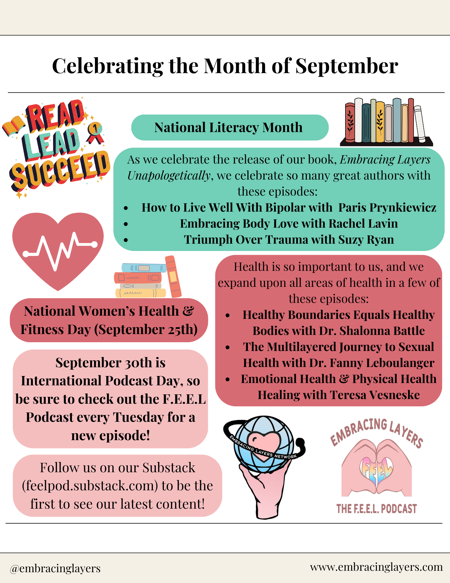 Promotional image for "Embracing Layers," highlighting National Literacy Month and health topics. Includes episode titles such as "How to Live Well With Bipolar," details about National Women’s Health & Fitness Day, and International Podcast Day on S