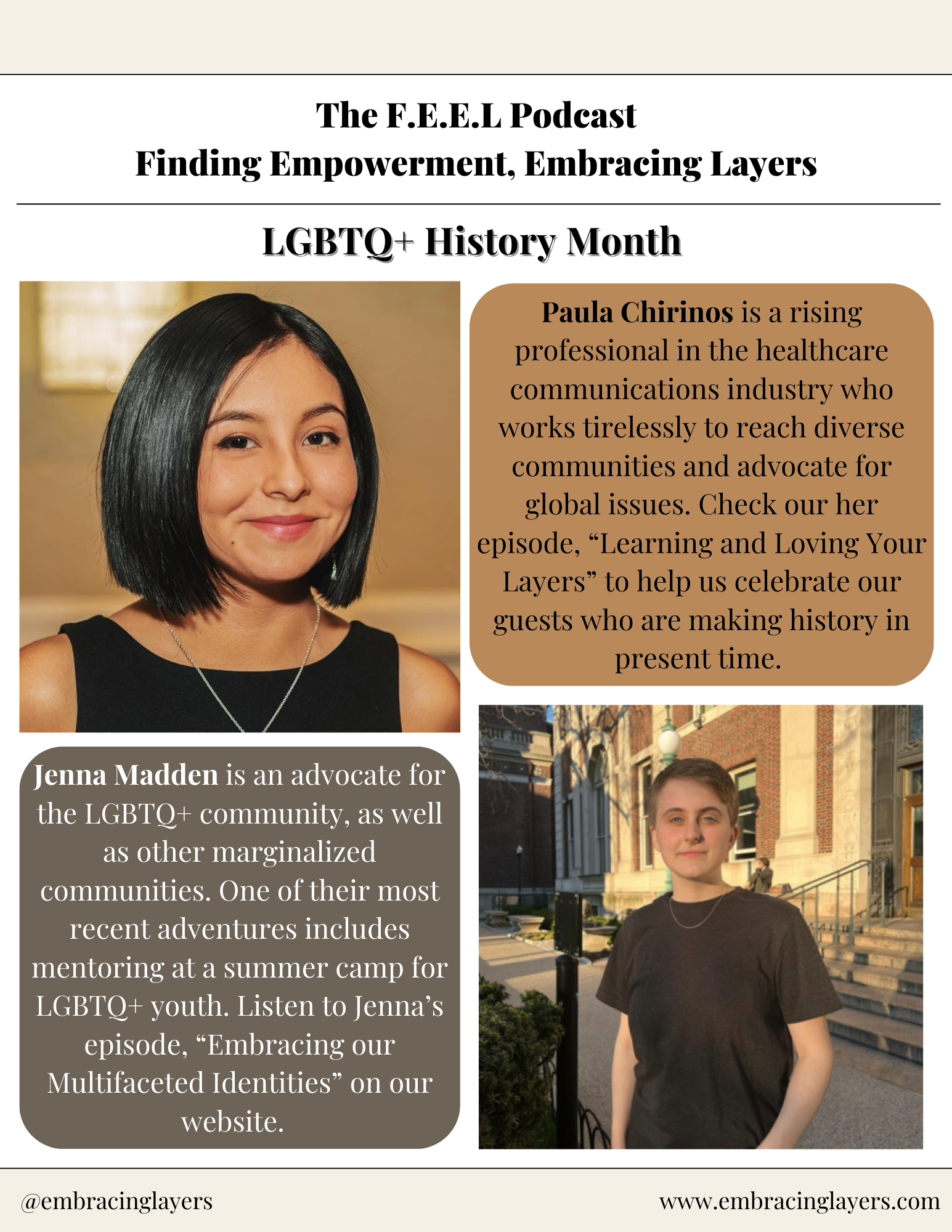 Poster for 'The F.E.E.L. Podcast' featuring Paula Chirinos and Jenna Madden for LGBTQ+ History Month. Includes portrait photos and descriptions of their advocacy and professional roles. Website and social media handle at the bottom.