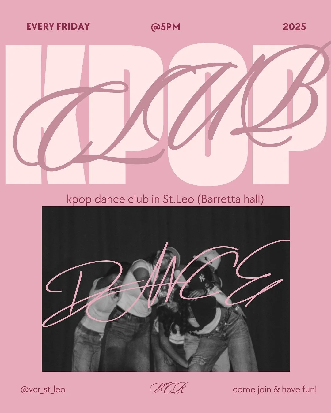 💗 KPOP DANCE CLUB 💗
Starting tomorrow at 5PM in Barretta Hall (St. Leo)! 🎶✨
Get ready to move, learn fun choreos, and dance to your favorite K-pop hits with amazing people! 
No need to be experienced in dance &mdash; just bring your energy and hav