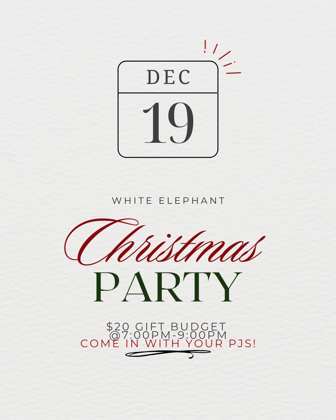 Mark your calendars! Dec 19 = gifts, laughs, and cozy PJs 🎅🎄