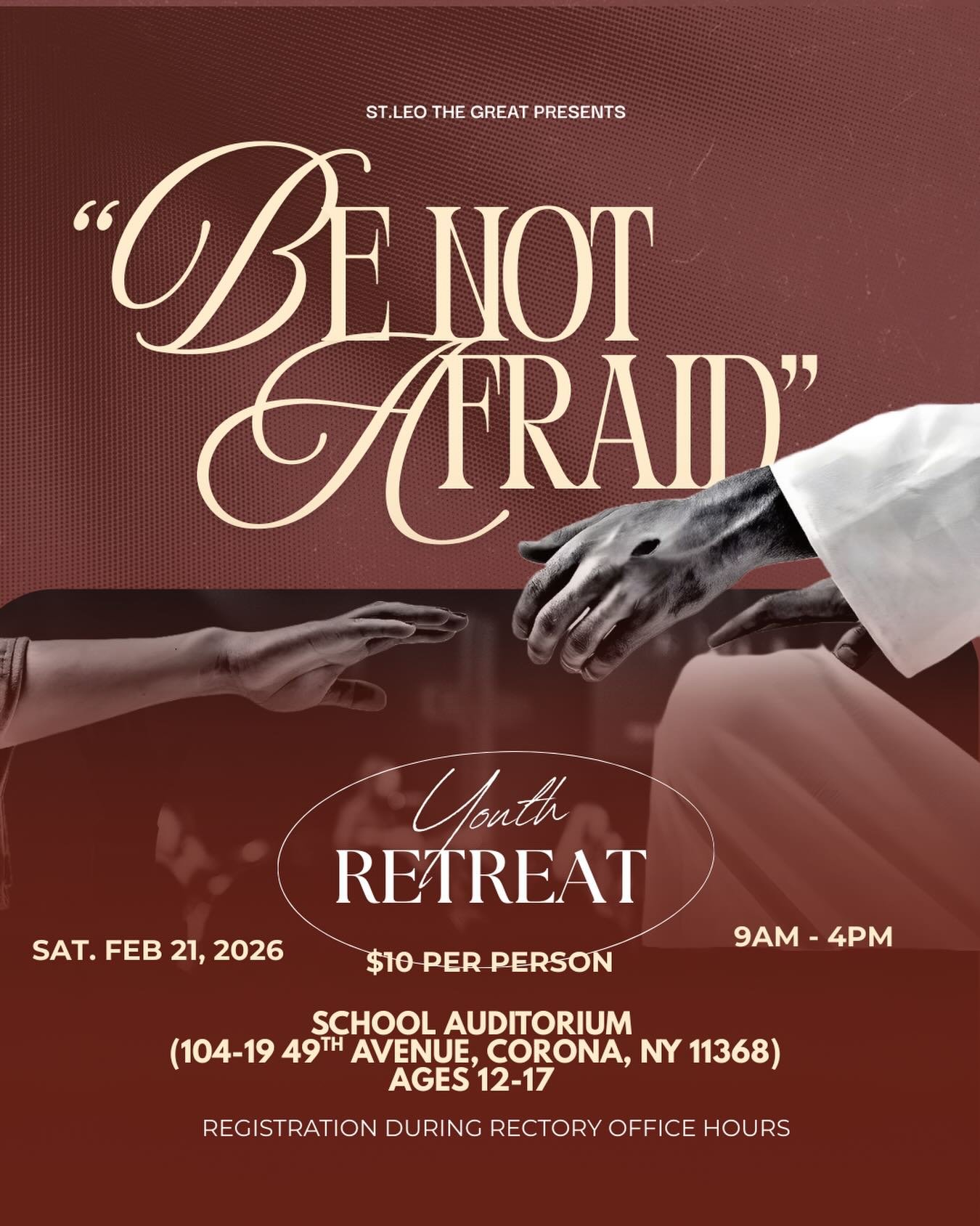 Calling all teens! Join our Youth Retreat on Saturday, February 21st from 9am-4pm in the School Auditorium. It's just $10 and includes lunch. Sign up at our Parish Rectory Office during hours of operation. Tell your friends and we hope to see you the