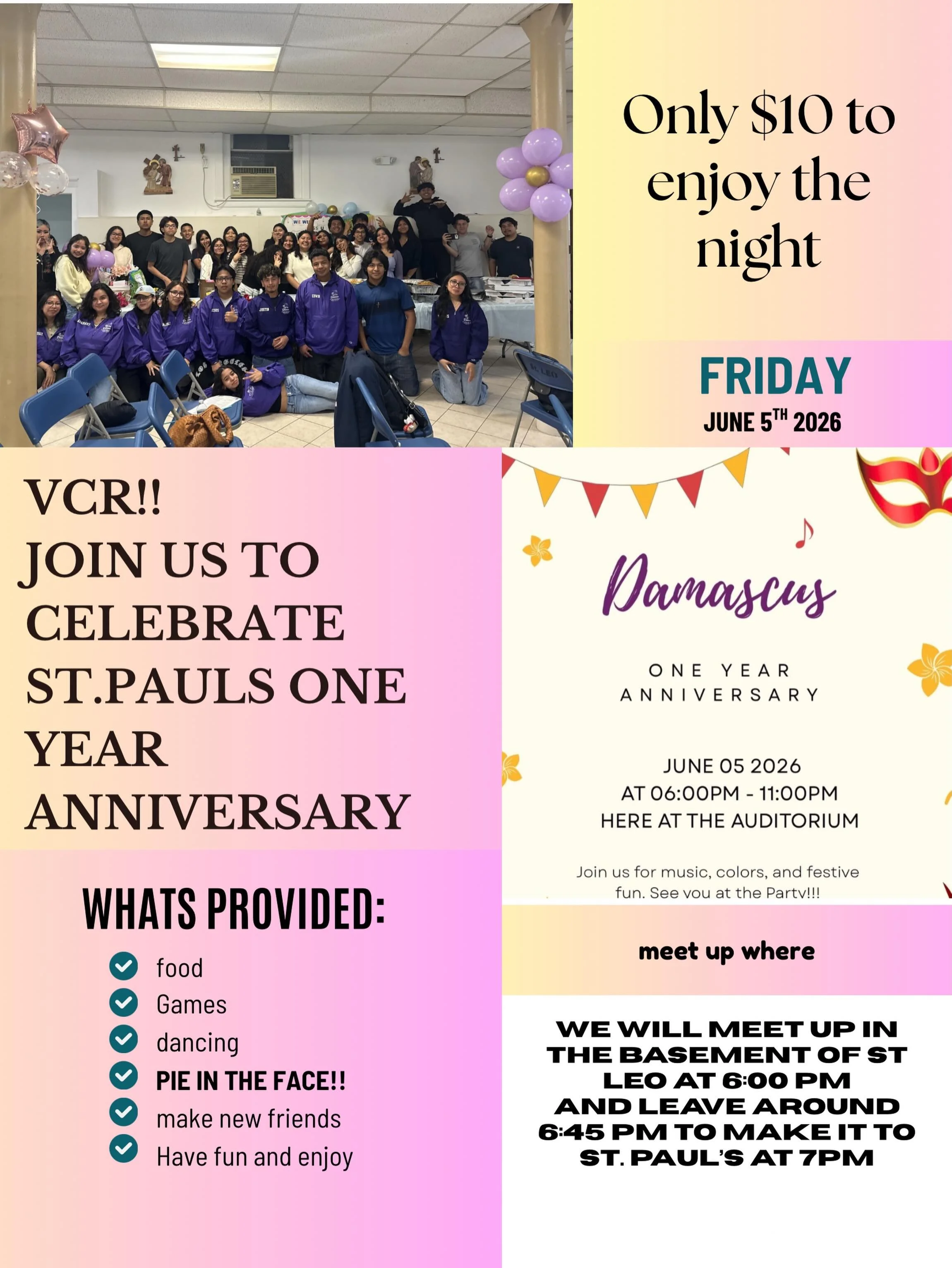 🚨ATTENTION VCR MEMBERS🚨 Join us this Friday to celebrate Saint Paul&rsquo;s 1 year youth group anniversary!!! Food, drinks, and more will be provided!!! 🚨It&rsquo;s $10 per teen so please bring the money the day of🚨 We&rsquo;ll meet at Barretta a