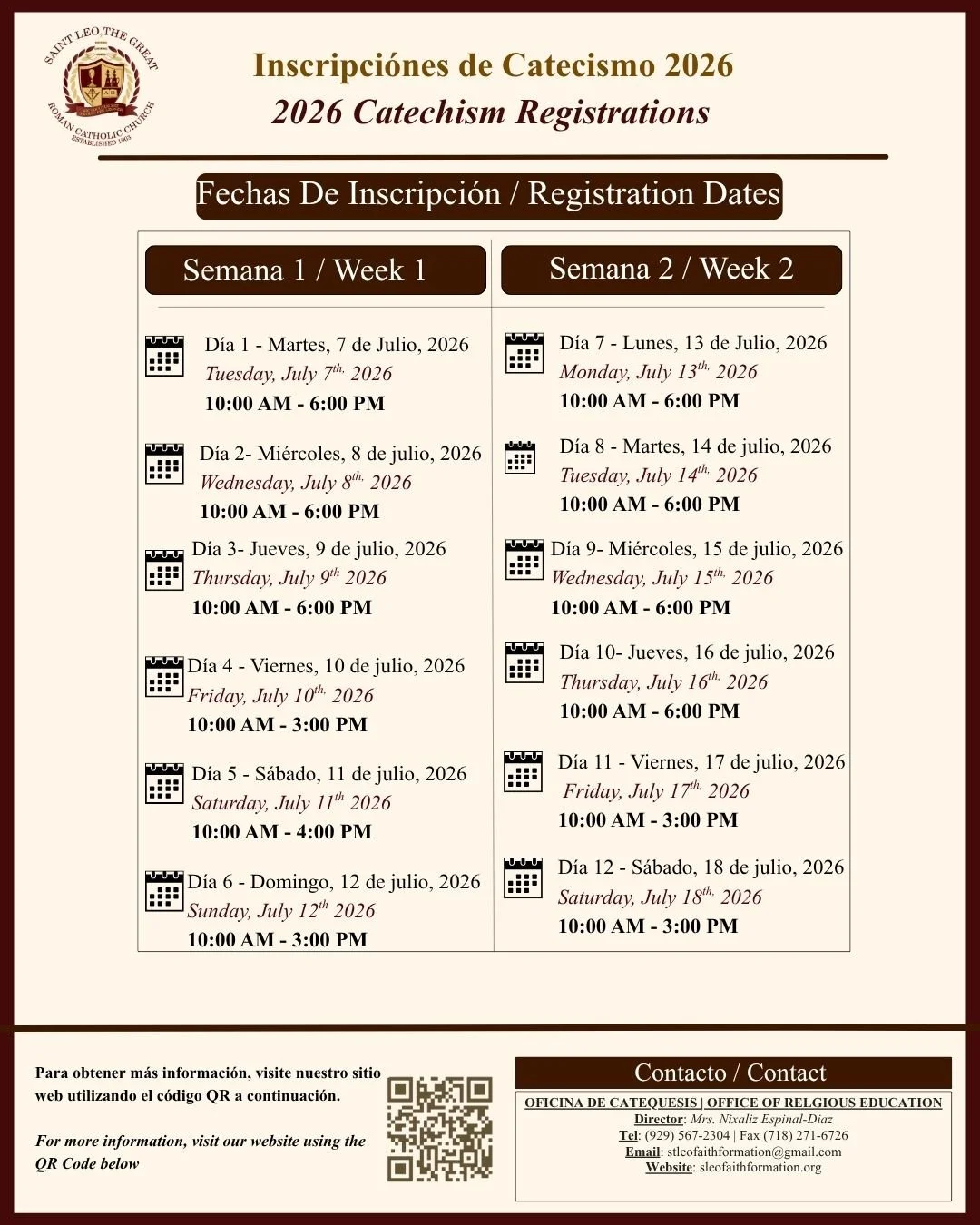 INSCRIPCIONES DE CATEQUESIS

Las inscripciones para Catequesis estar&aacute;n abiertas del 7 al 18 de julio.

👉 Deslice para ver el calendario de inscripciones, requisitos e informaci&oacute;n importante.

&iexcl;Los esperamos para un nuevo a&ntilde