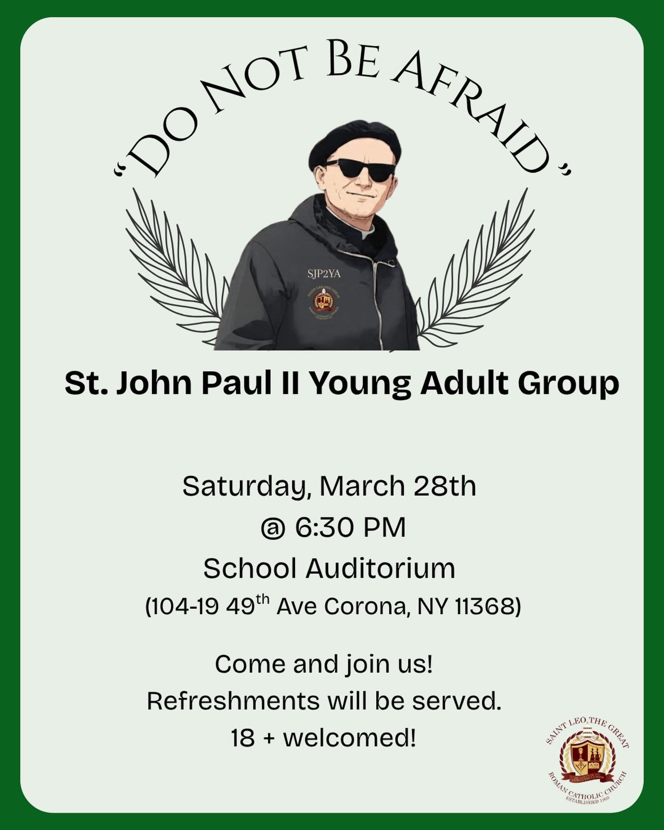 Join us next week Saturday, March 28th at 6:30 PM for our 2nd Gathering in the School Auditorium. Ages 18 and up are welcome. Come join us for a time of faith, community, and fellowship. Refreshments will be served. Feel free to bring a friend.

Nues
