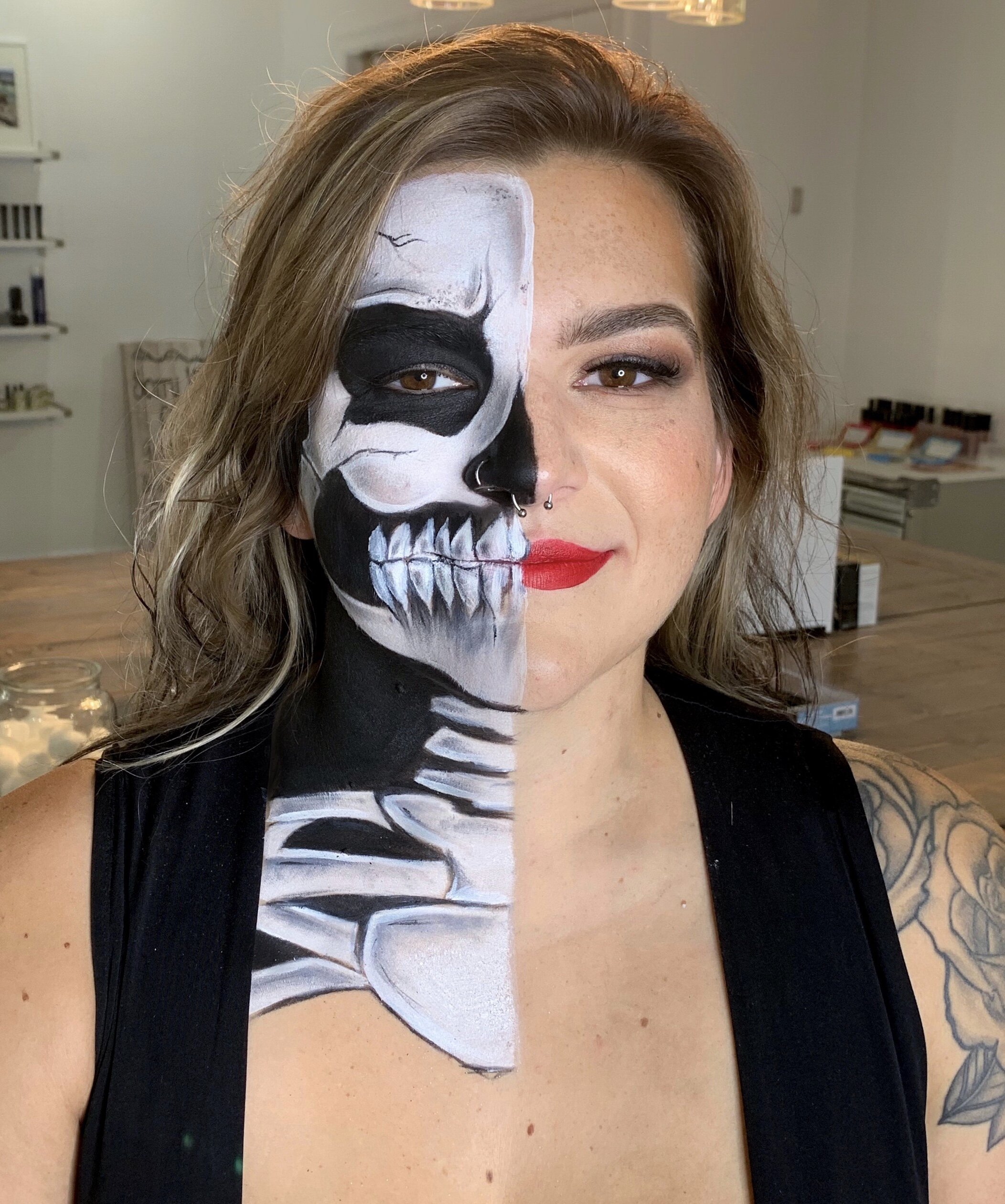 Half Skull Face Paint + Half Glam Makeup