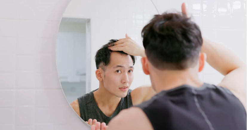 man running his hands through his hair after washing it