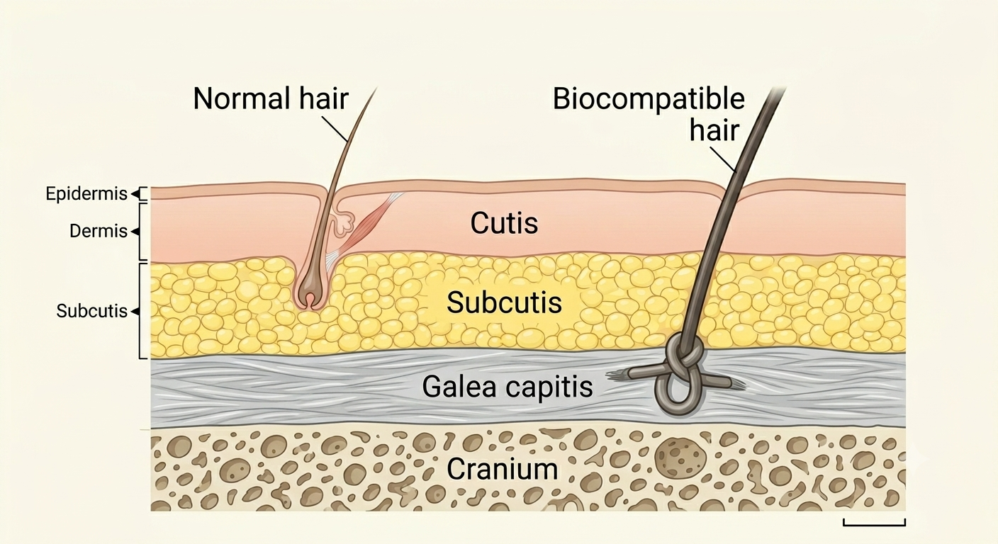 A diagram comparing how synthetic and transplanted hair are attached to a patient's head