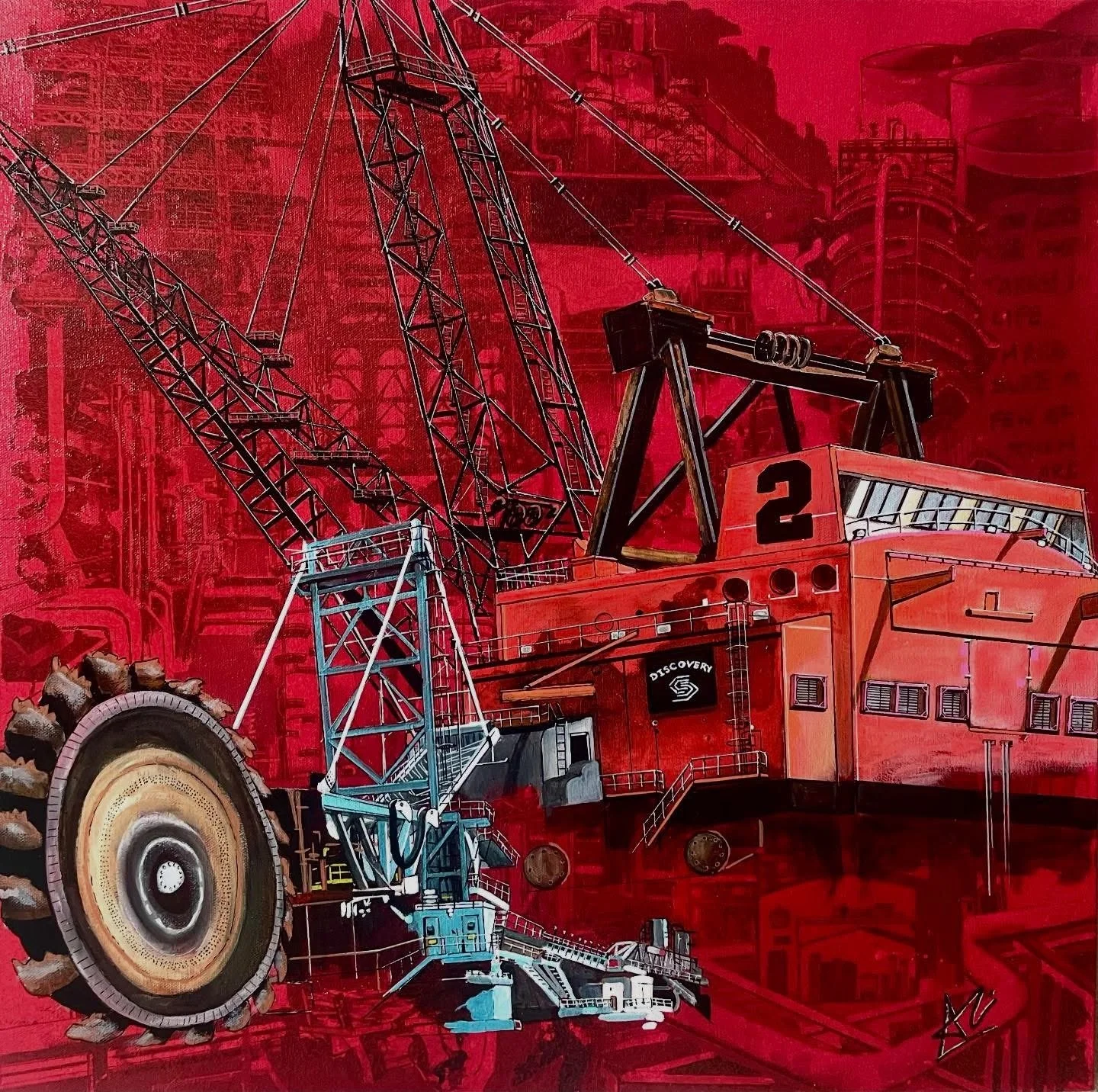 ''Shadow of the Giants'' 24x24 acrylic on canvas. These massive machines are a monument to the hard working people of the oil and gas industry and the innovative spirit that built the industry.  Available for purchase in the SHOP.