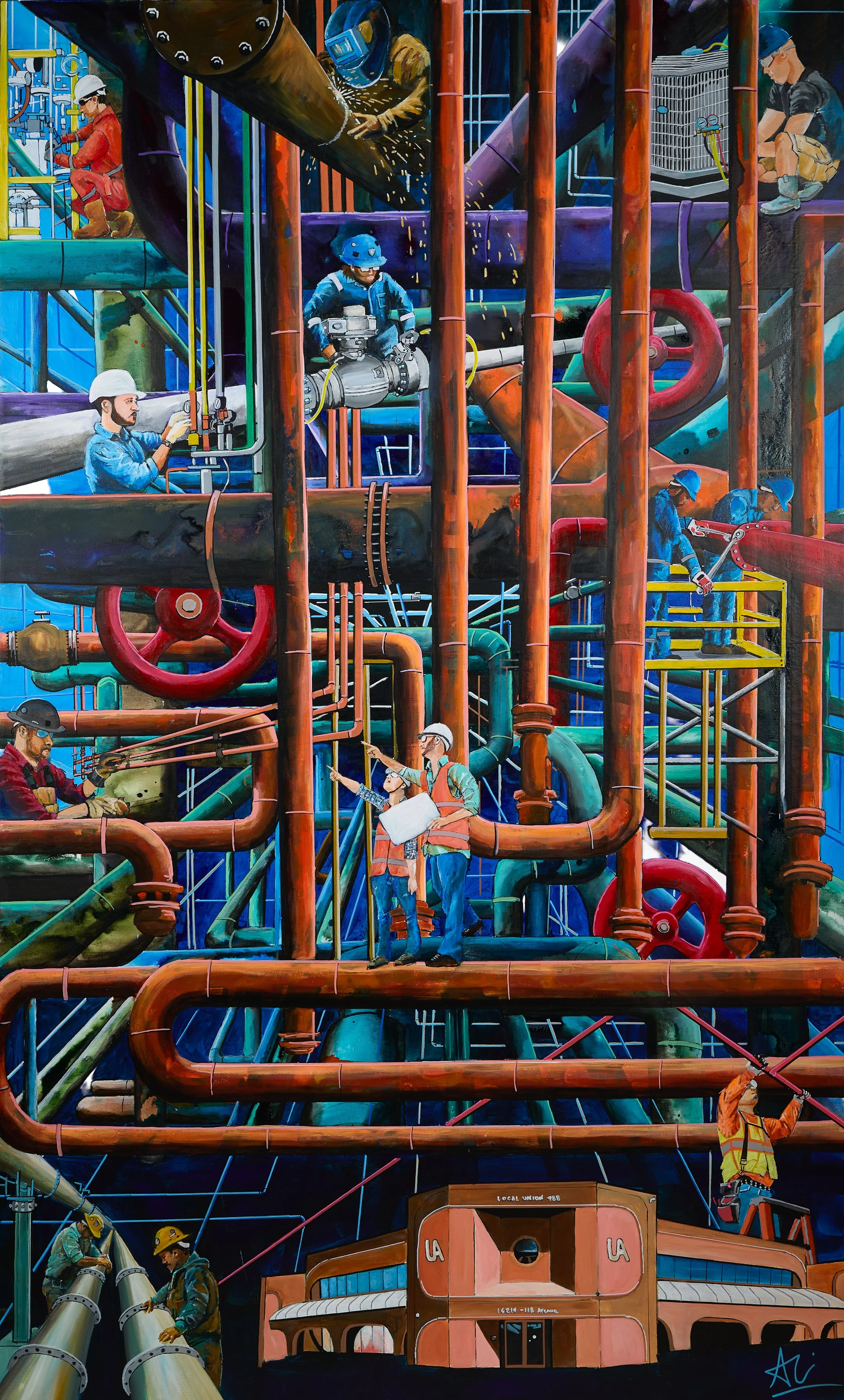 "Working as One" 36x60 inch acrylic and Ink on canvas. This one was commissioned by Local 488 in Edmonton. It represents all its members in all trades. It now hangs on their walls for all to enjoy.