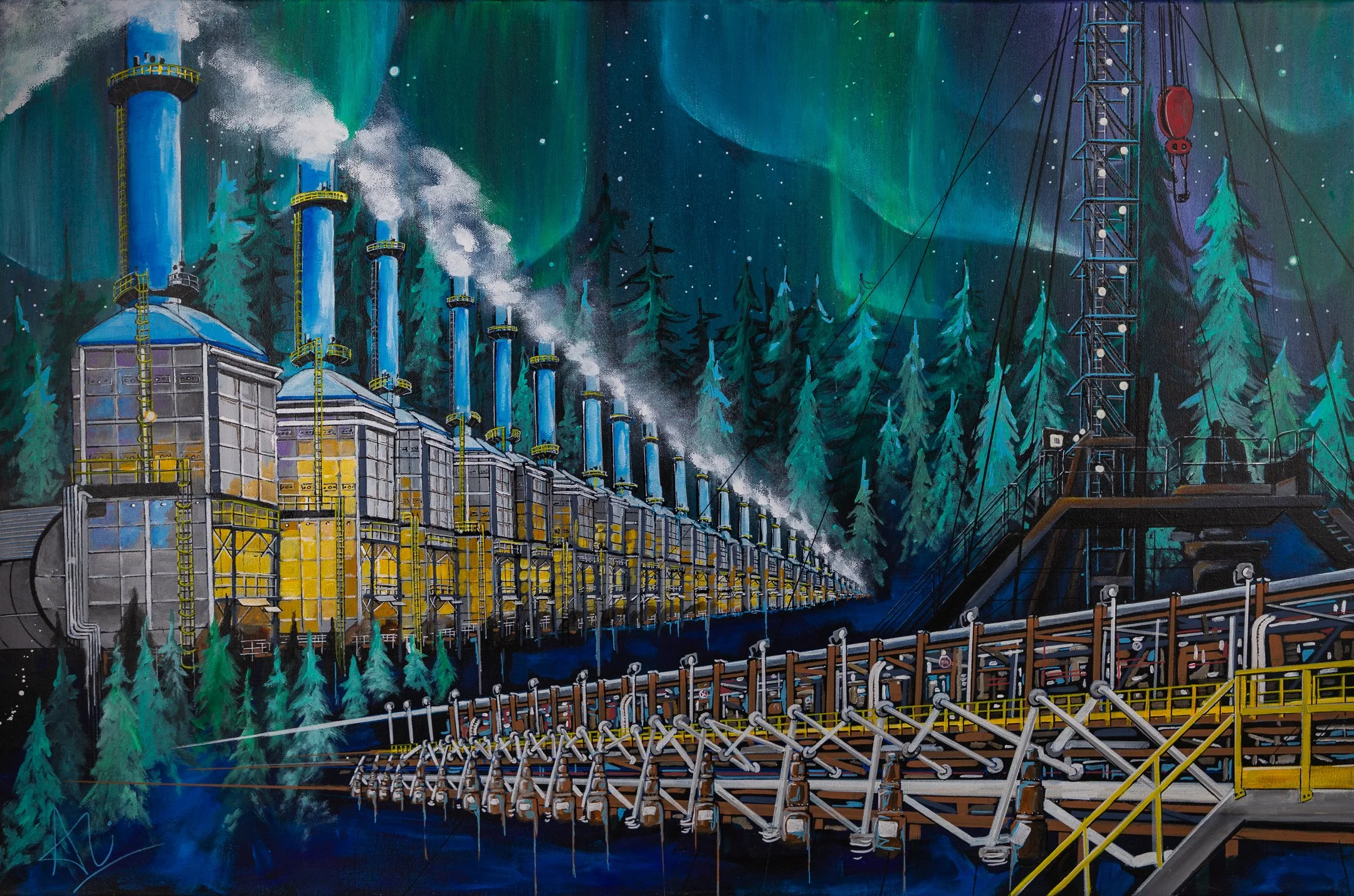 "Skies Over Site" 24x 36 inch original created for a site down 881.  surrounded by tress and nature, this client wanted a painting that reflects the spirit of their team.  It now hangs in their conference room.