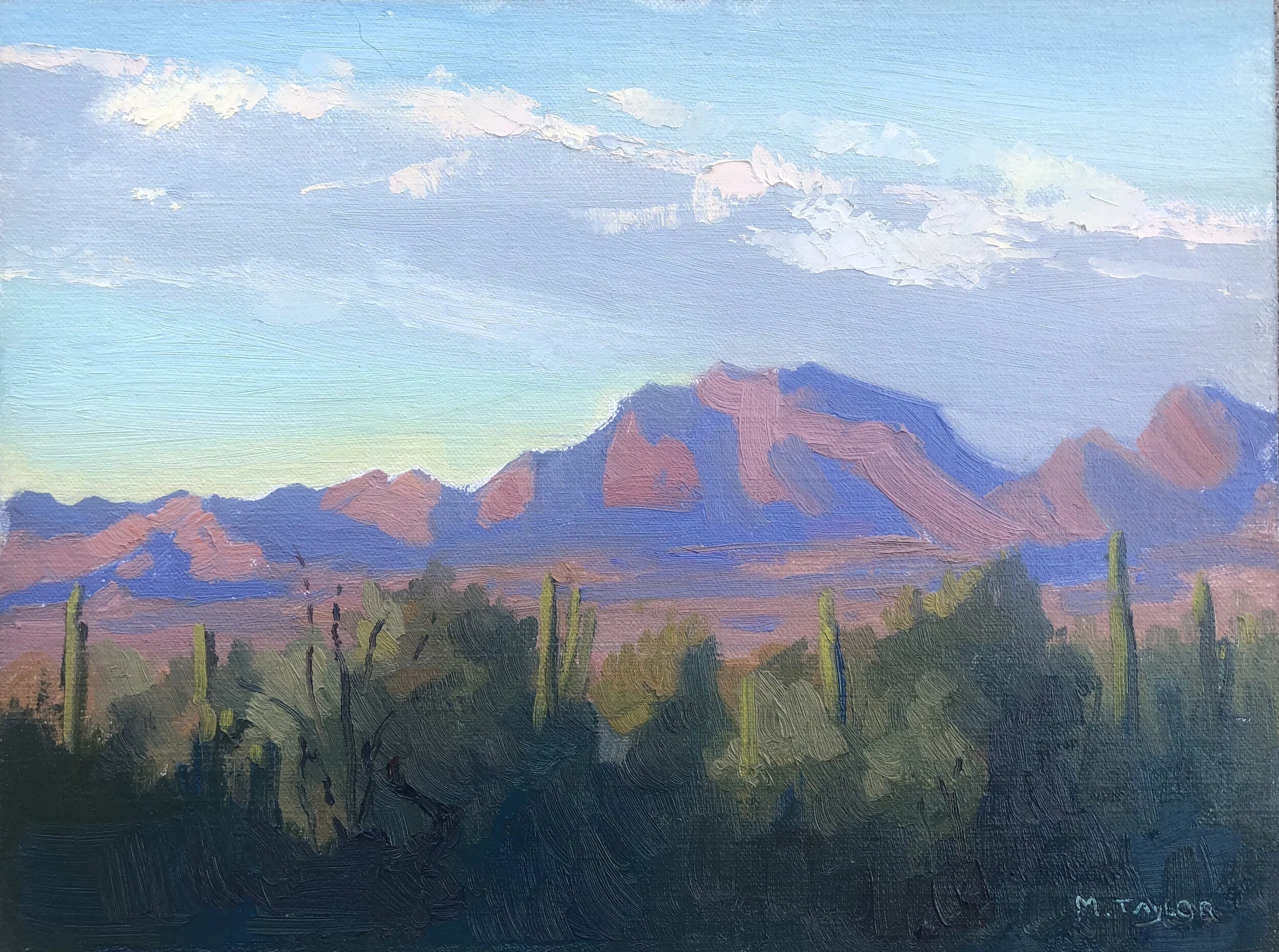 Sunrise over the Tucson Mountains, 9 x 12 , Oil on Linen Board