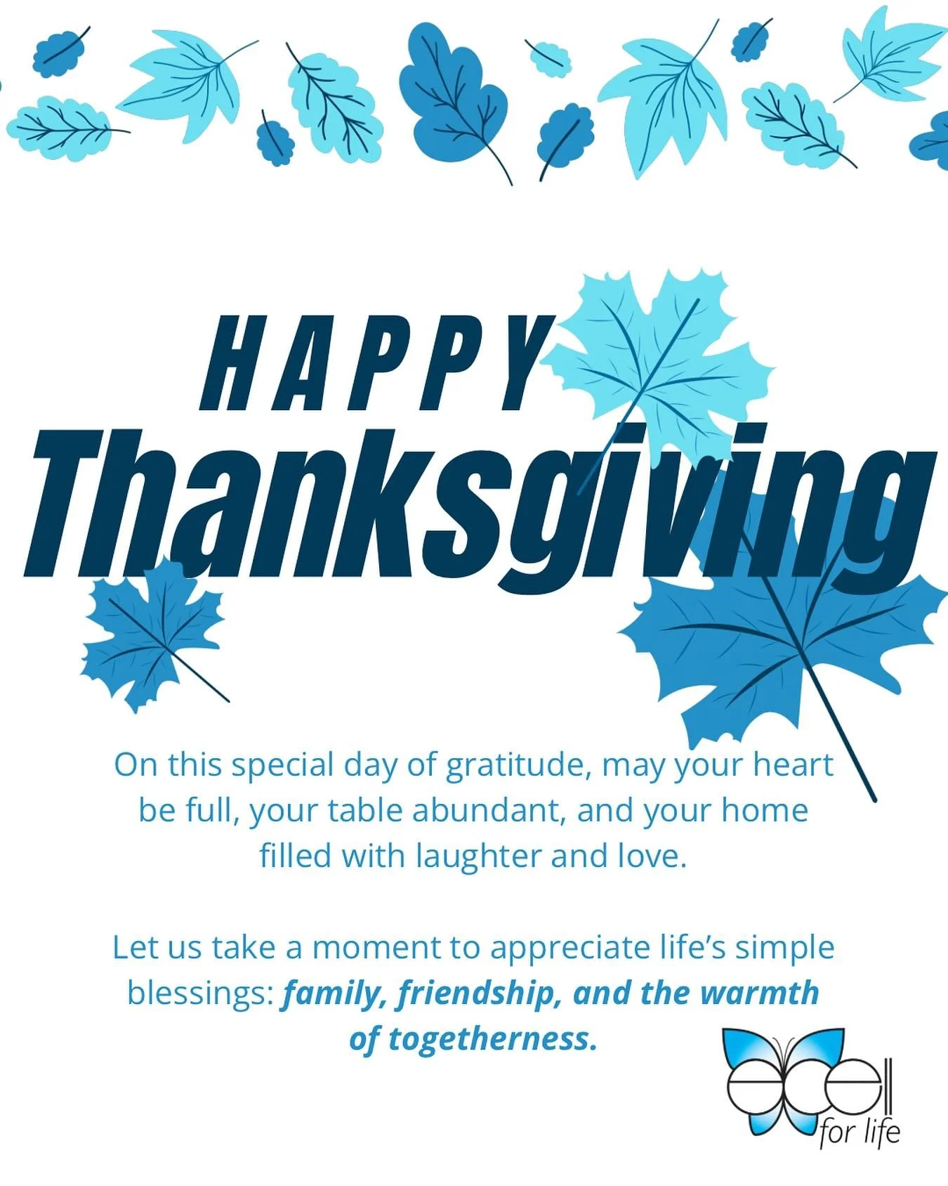 🦃 Happy Thanksgiving from Excell for Life!

On this special day of gratitude, may your heart be full, your table abundant, and your home filled with laughter and love. 💛

Let&rsquo;s take a moment to appreciate life&rsquo;s simple blessings, family