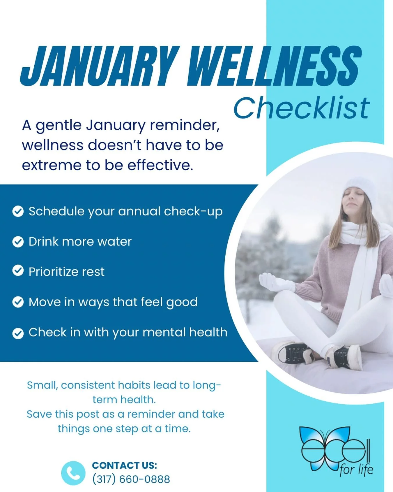 A gentle January reminder
Wellness doesn&rsquo;t have to be extreme to be effective.

January Wellness Checklist:
 ✔️ Schedule your annual check-up
 ✔️ Drink more water
 ✔️ Prioritize rest
 ✔️ Move in ways that feel good
 ✔️ Check in with your mental