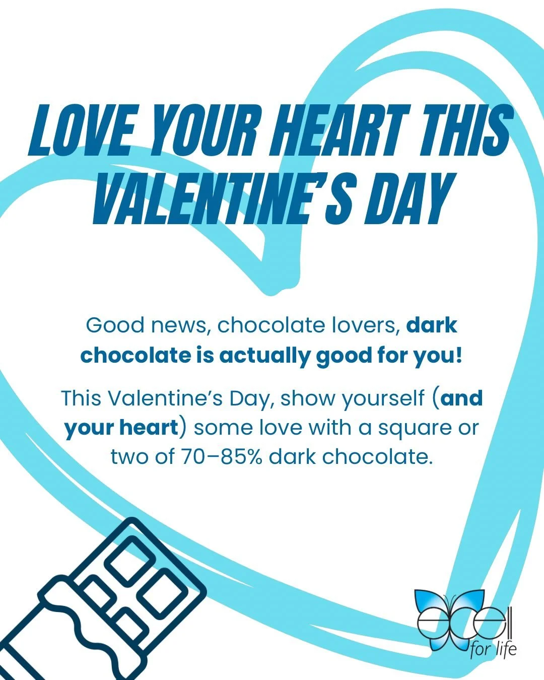 Good news, chocolate lovers 🍫❤️

Dark chocolate is actually good for you!

This Valentine&rsquo;s Day, love your heart with a square or two of 70&ndash;85% dark chocolate rich in antioxidants that support heart health, healthy blood pressure &amp; c