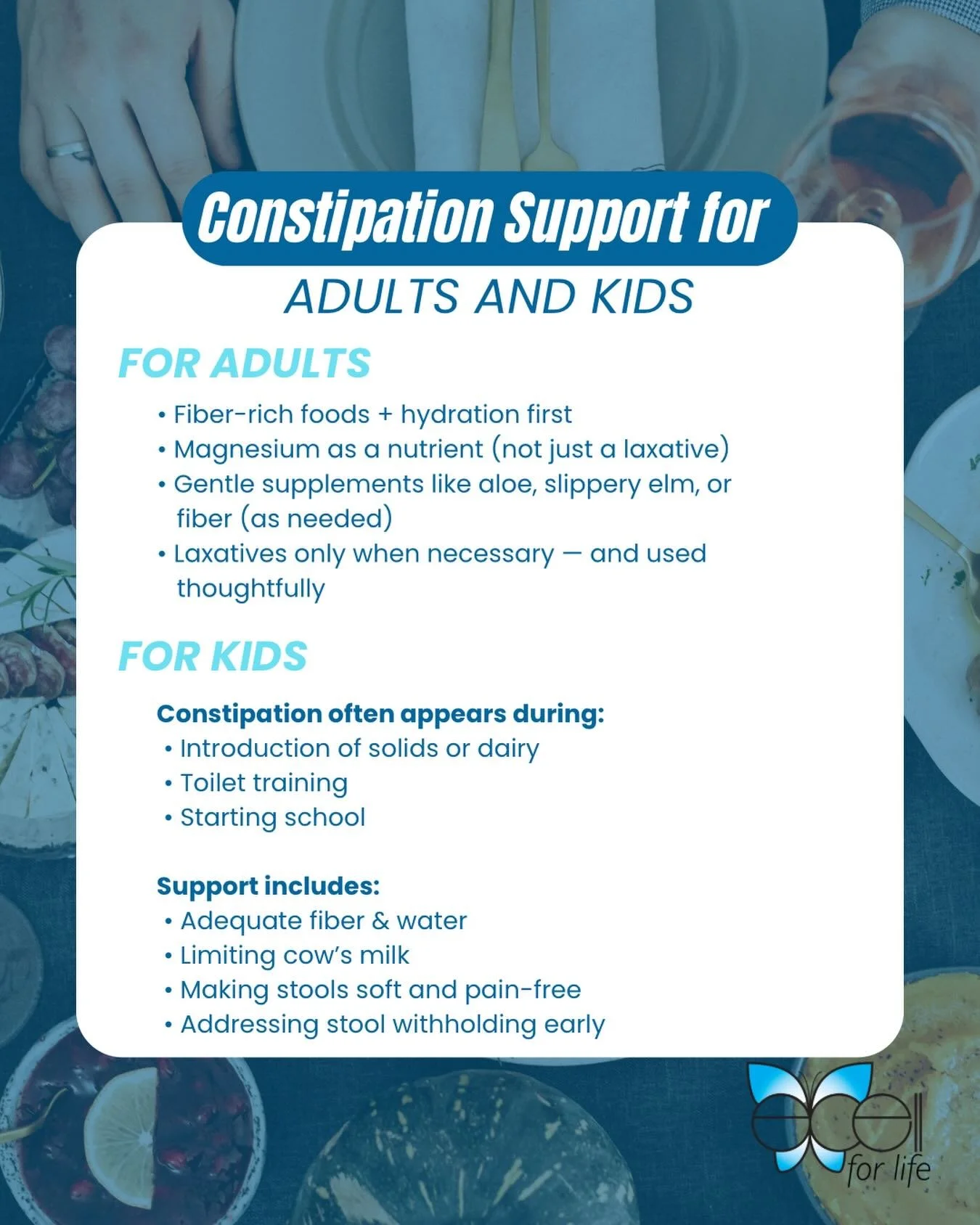 Constipation support for adults &amp; kids

Adults: focus on fiber, hydration, magnesium, and gentle support when needed.

Kids: common during solids, potty training, or school support with fiber, water, less dairy, and soft, pain-free stools.

💛 Di