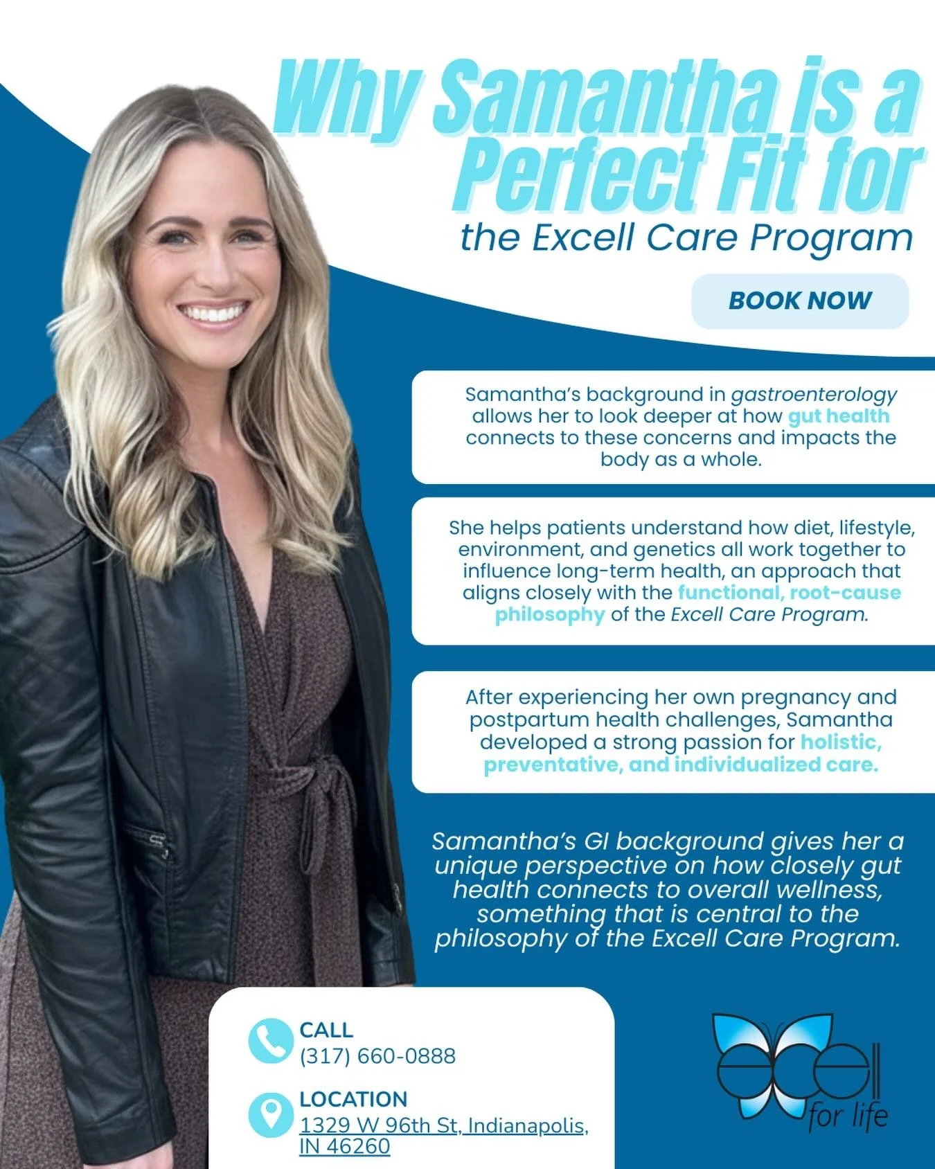 Why Samantha Is a Perfect Fit for Excell Care ✨

Digestive health plays a key role in overall wellness, often influencing chronic symptoms such as fatigue, inflammation, nutrient deficiencies, and hormone imbalances.

Samantha&rsquo;s background in g