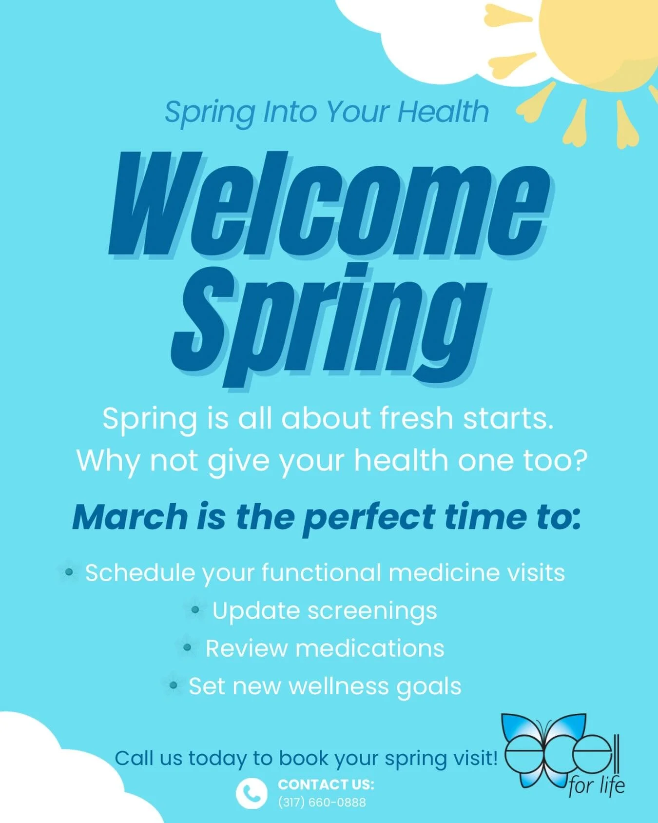 🌸 Spring Into Your Health 🌸

Fresh season, fresh start! March is perfect for:
 ✔ Book your functional medicine visit
 ✔ Update screenings &amp; medications
 ✔ Set new wellness goals

📞 Call (317) 660-0888 to schedule today!

#SpringIntoHealth #Wel