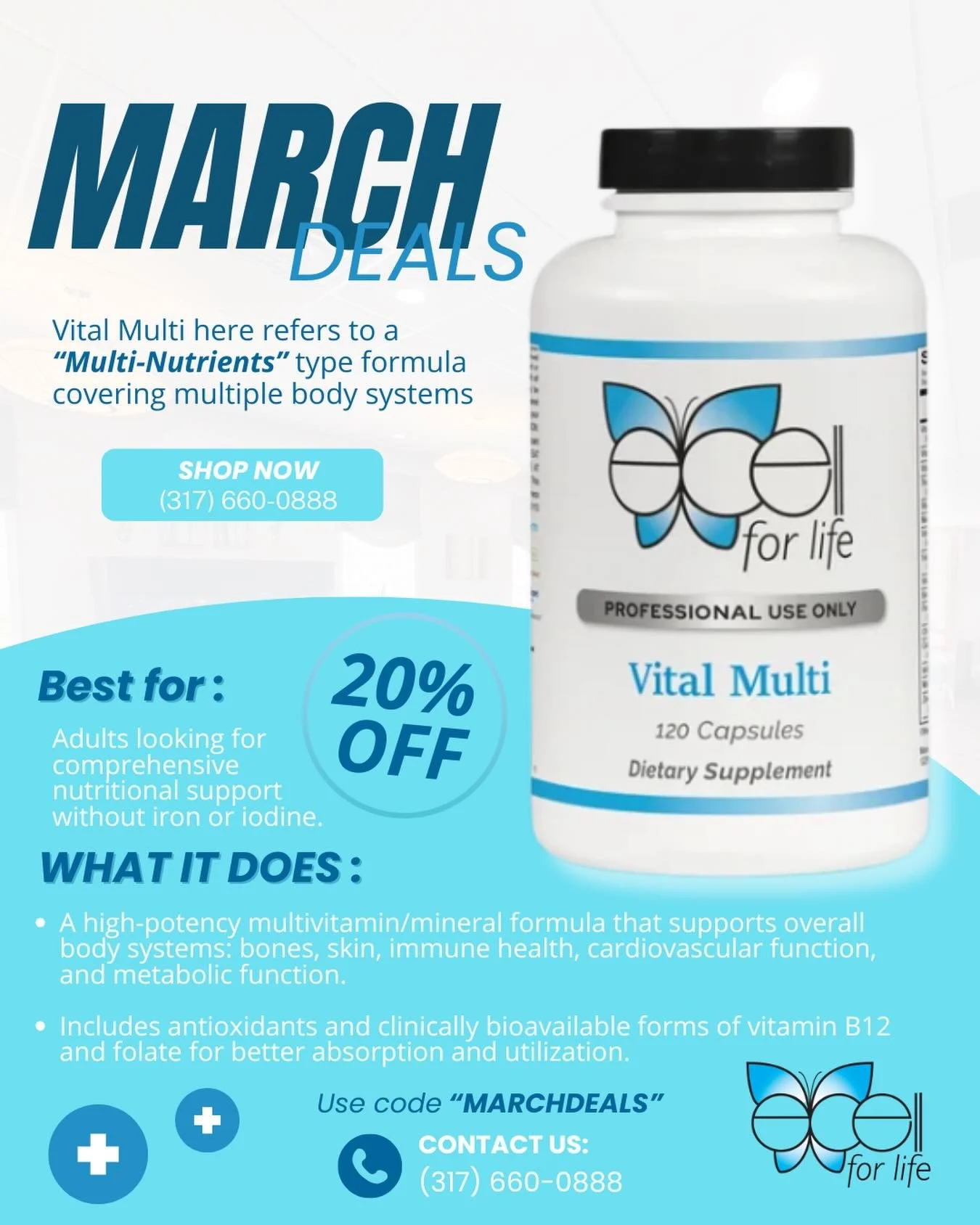 💊 March Deals: Vital Multi 💊

Support bones, skin, immunity, heart, and metabolism with this high-potency multivitamin. Includes antioxidants and bioavailable B12 &amp; folate for better absorption.

Perfect for adults seeking comprehensive nutriti