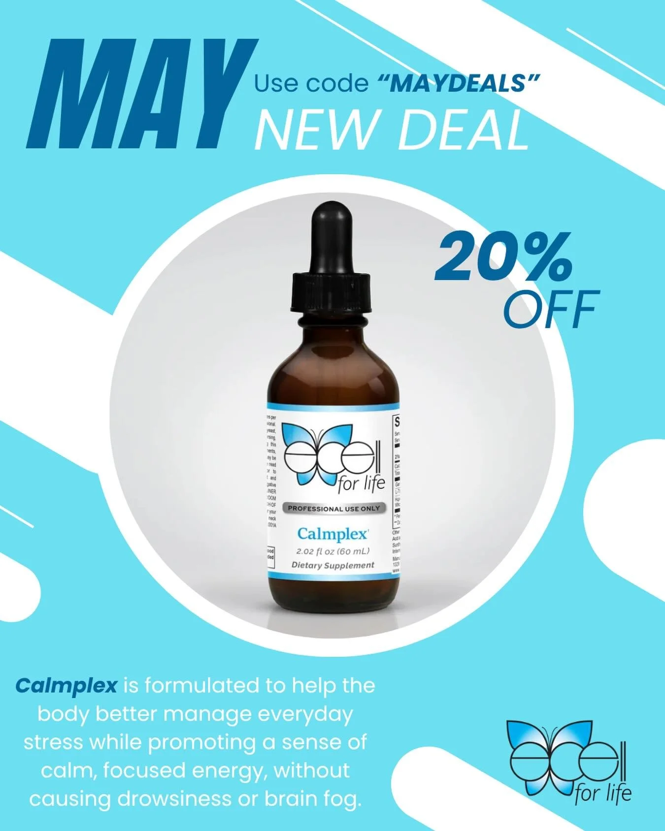 May Deal 🌿

✨ 20% OFF Calmplex ✨

Calmplex helps support everyday stress while promoting calm, focused energy, without drowsiness or brain fog 🧠💚

💸 Use code &ldquo;MAYDEALS&rdquo; to save all month long!
Offer ends May 31st ✔️

 📞 Call (317) 66