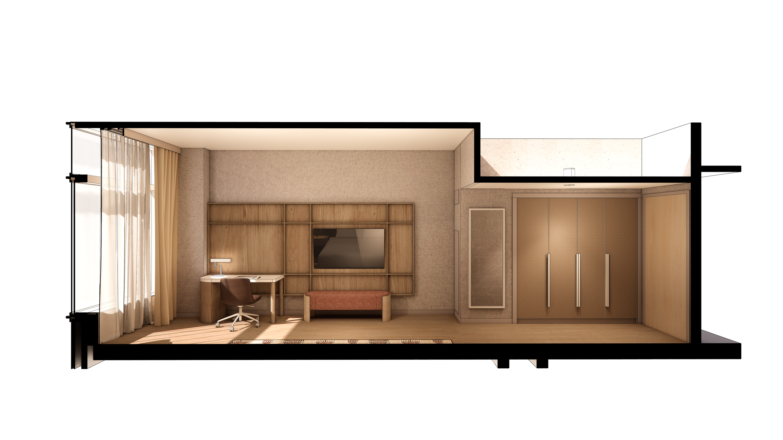 section view of guest room tv wall