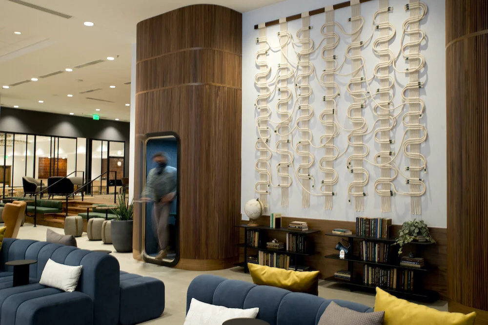 These phone booths created by Genesis Hospitality provide a private space in the lobby.