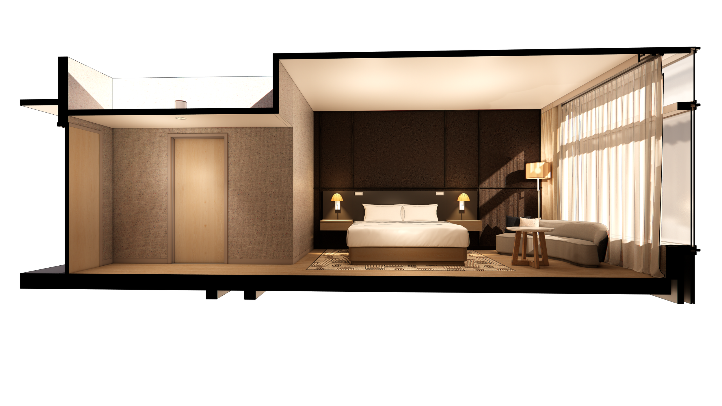section view of guest room bed wall