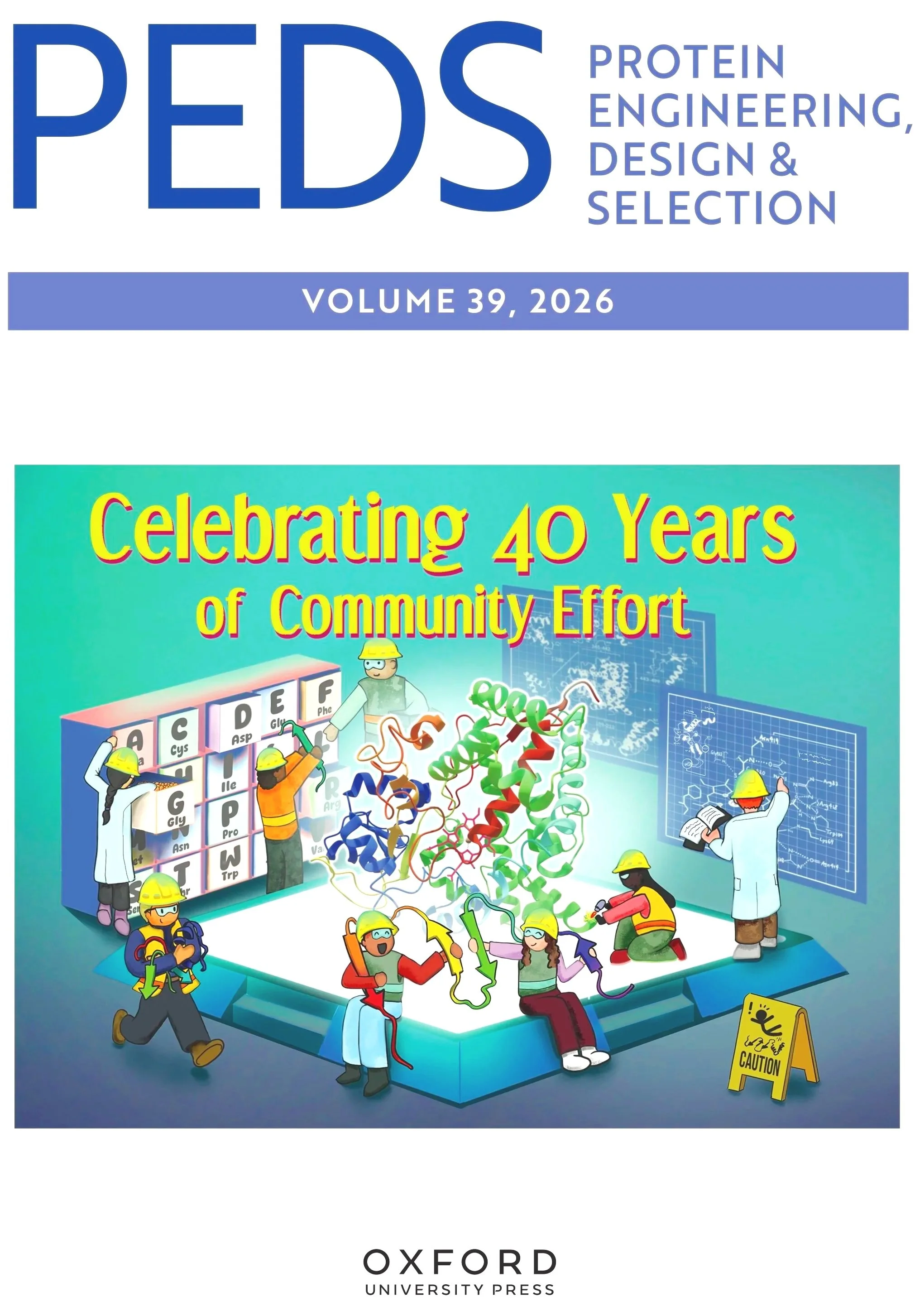 an illustration of engineers collaborating in designing a protein. The characters look like lego and are ruffling through bins of amino acids and checking over blueprints to make the protein.