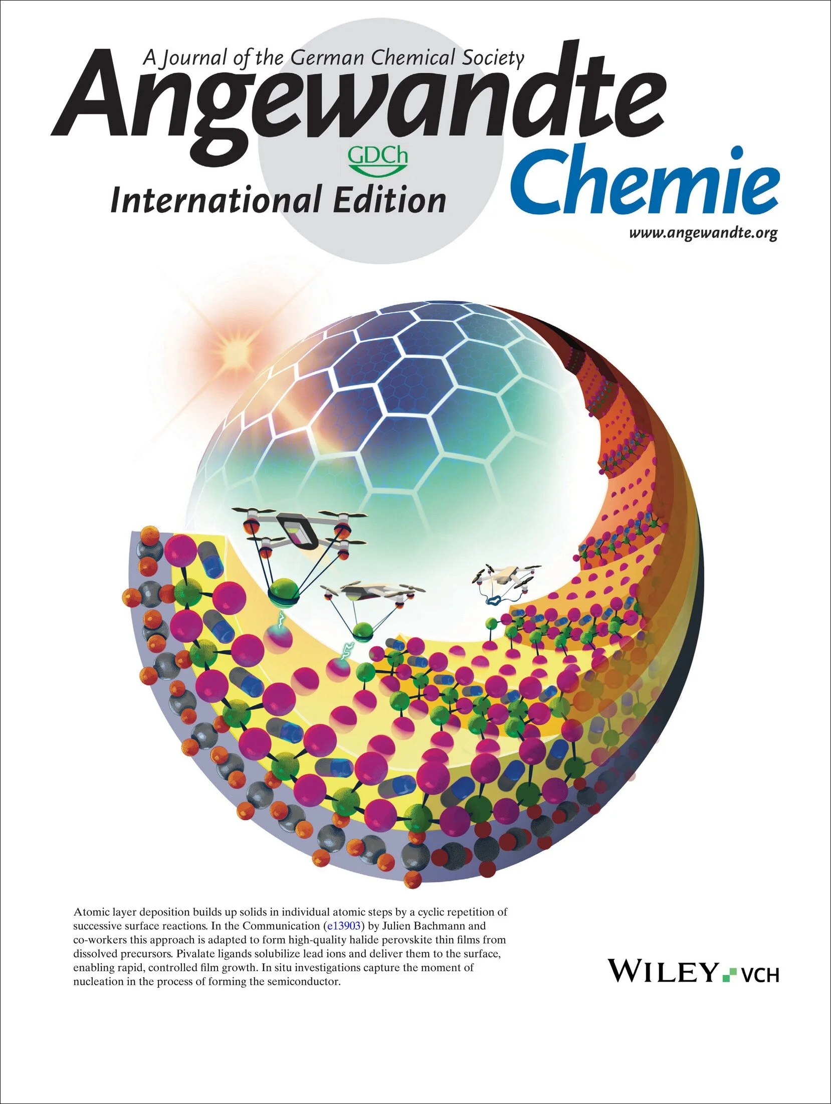 Journal cover art for angewandte chemie depicting the layering of sALD method for developing energy transfer materials such as solar panels