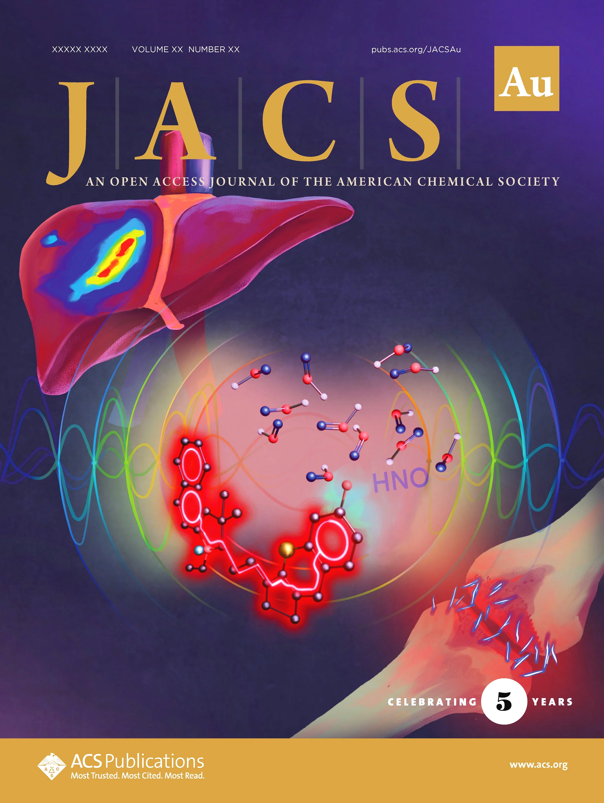 an illustration on the cover of JACS Au that depicts a novel biosensor that detects nitric oxide at areas of inflammation in the liver and gouty joints through photoacoustic waves and fluorescence.