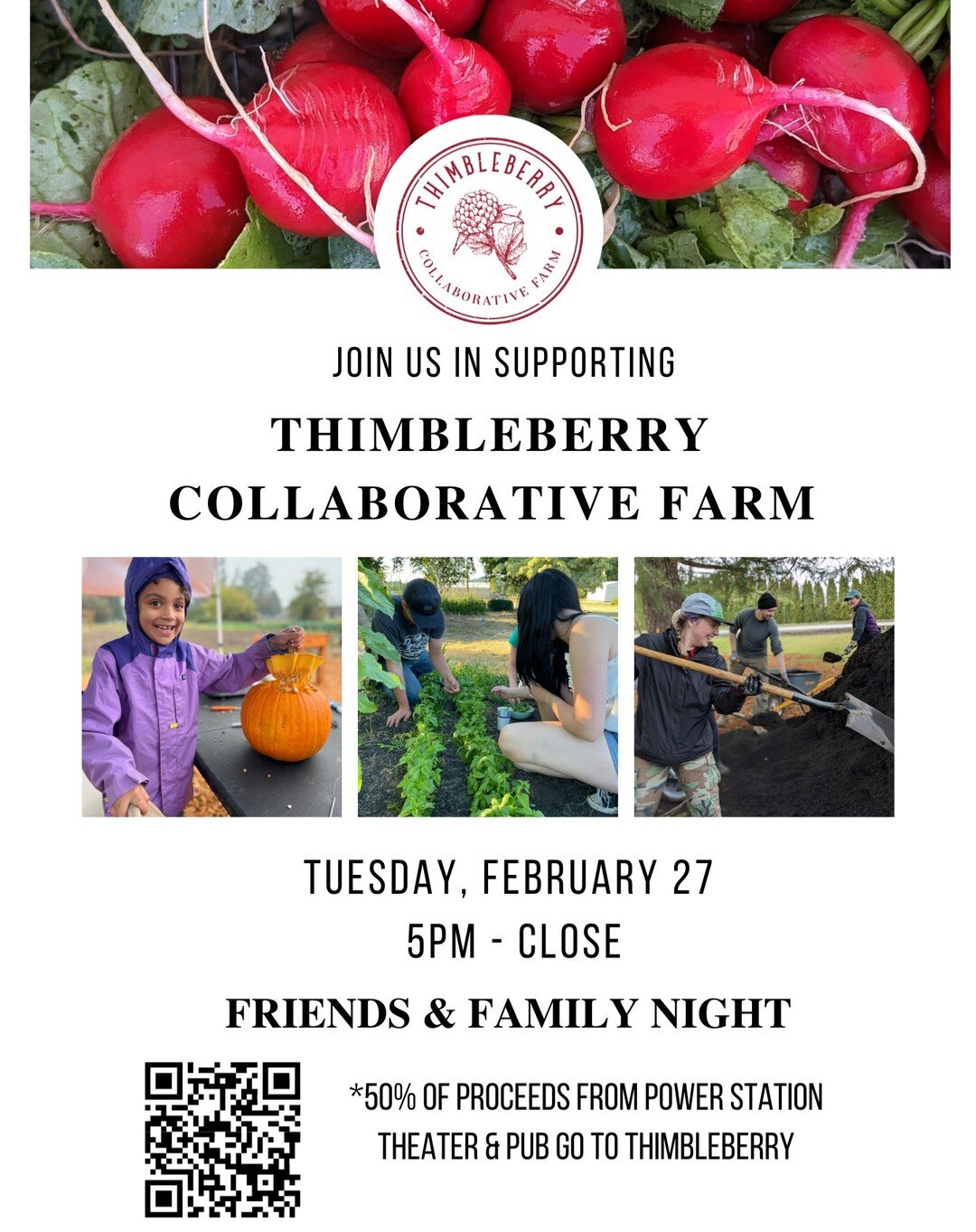 📣Calling all Tot lovers📣

Join us on February 27th for a Friends &amp; Family Night benefiting Thimbleberry Collaborative Farm! From 5pm to close the Power Station Theater &amp; Pub at Edgefield will be donating 50% of proceeds to Thimbleberry. 

B