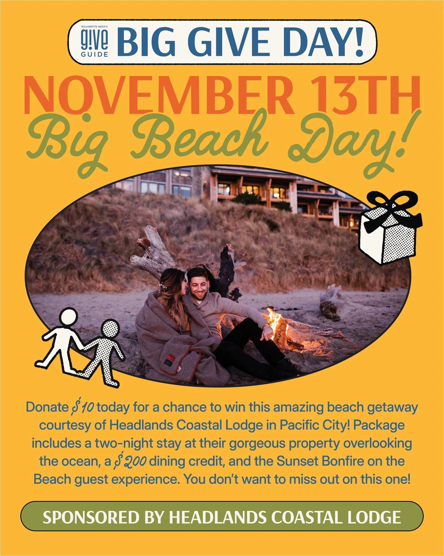 Wanna get away? Here&rsquo;s your chance to unplug and unwind at the beautiful Oregon coast. Every donation of $10 or more today has a chance to win an amazing beach getaway courtesy of Headlands Coastal Lodge in Pacific City. This package includes:
