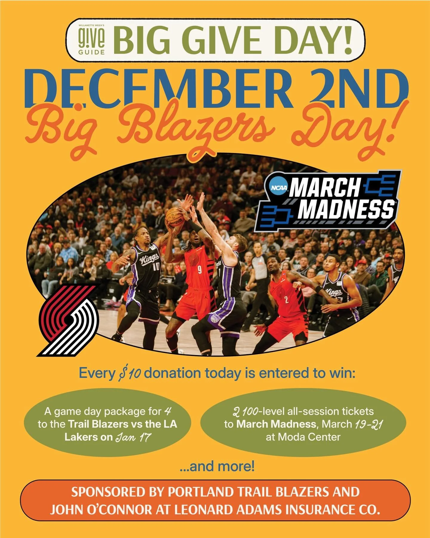 Basketball fans, today is your day! There are three chances to win today, and every donation of $10 or more today is entered to win. 

↪ Prize Package #1: Portland Trail Blazers Game Day Package

Four 100-level tickets and two parking passes to the B