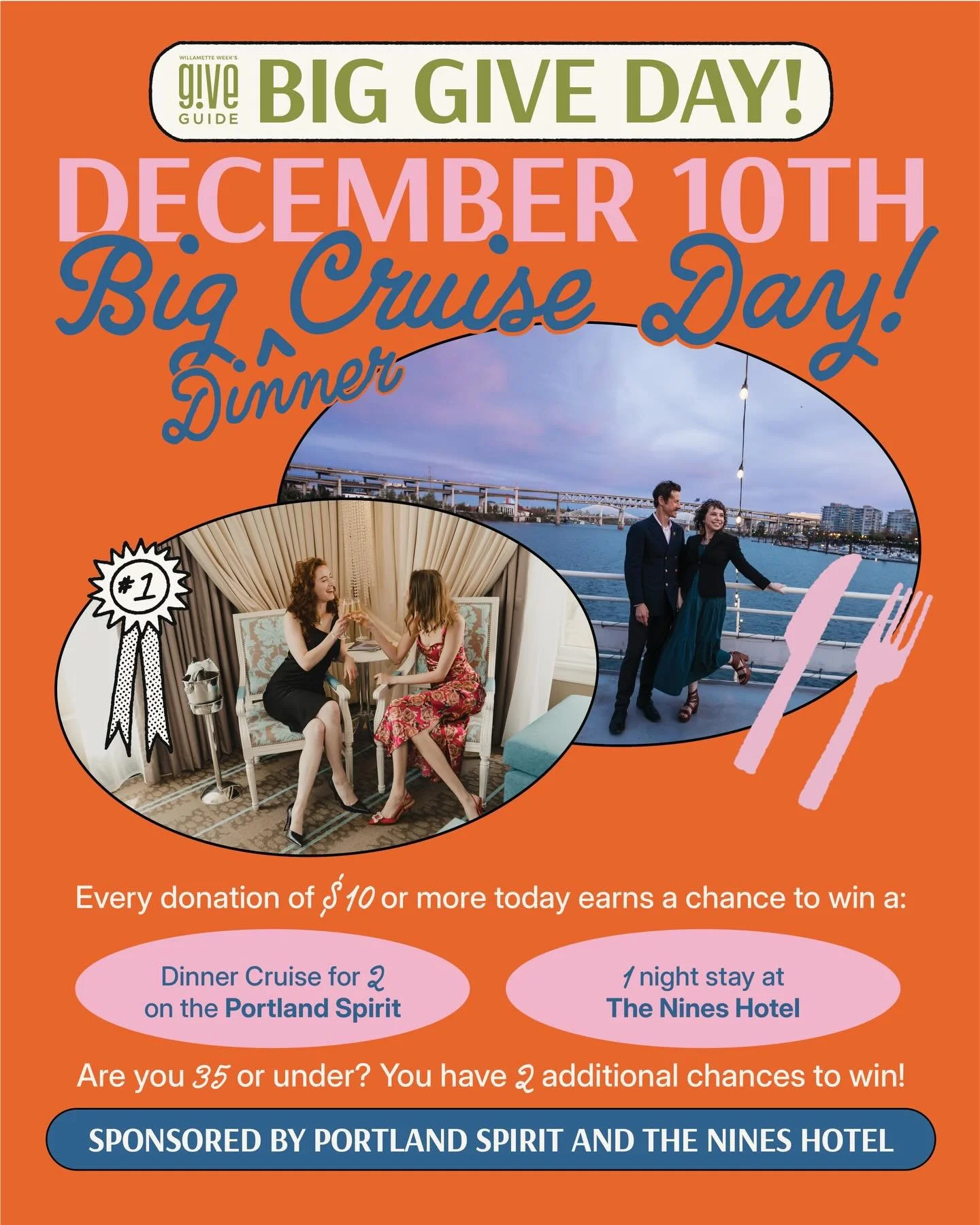 Every donation of $10 or more today earns a chance to win a delightful staycation package courtesy of our friends at Portland Spirit and The Nines Hotel. If your batteries could use a little close-to-home recharging, this Big Give Day is for you. Thi
