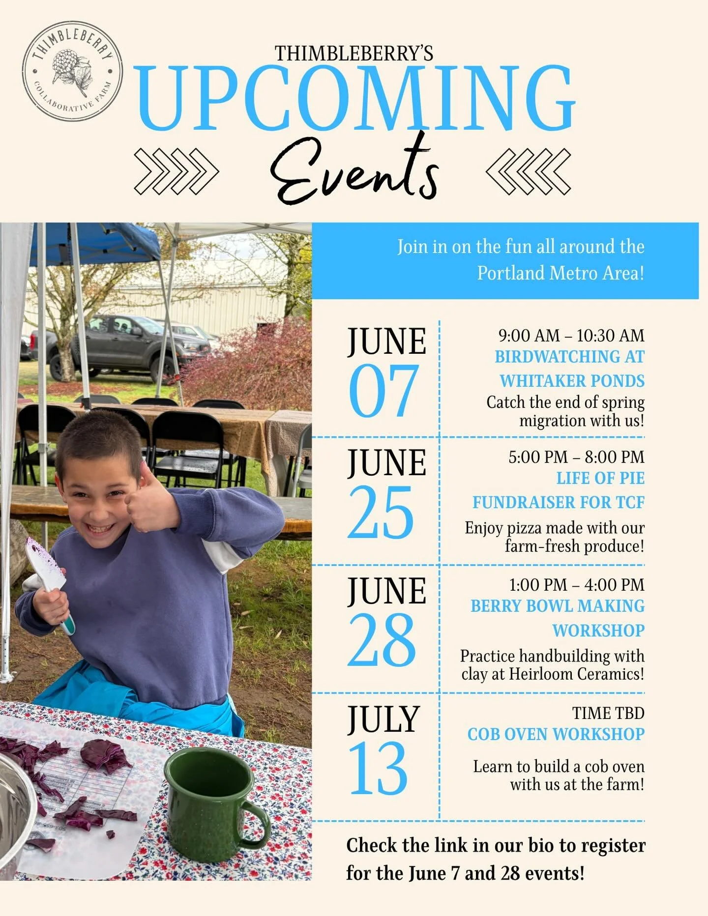 Check out our early summer event series, happening all around the Portland metro area! First up is the free birdwatching event at Whitaker Ponds this Sunday, June 7. Then on June 25, join us at @lifeofpiepizza to try Thimbleberry&rsquo;s snap peas fe