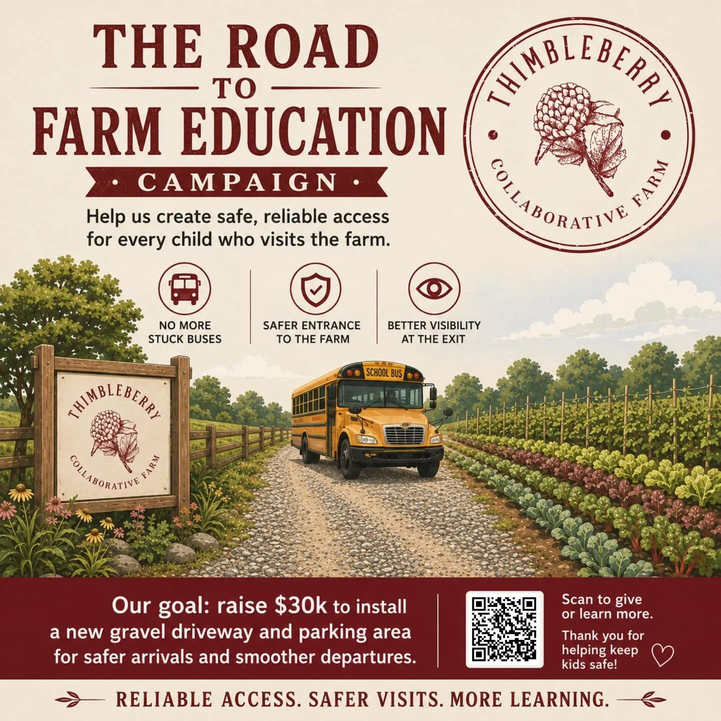 We have heard your feedback and we are taking action! After seeing school buses struggle to find our farm entrance and sometimes get stuck in the mud, we are determined to improve our driveway and parking area. The new driveway will create a safer fl