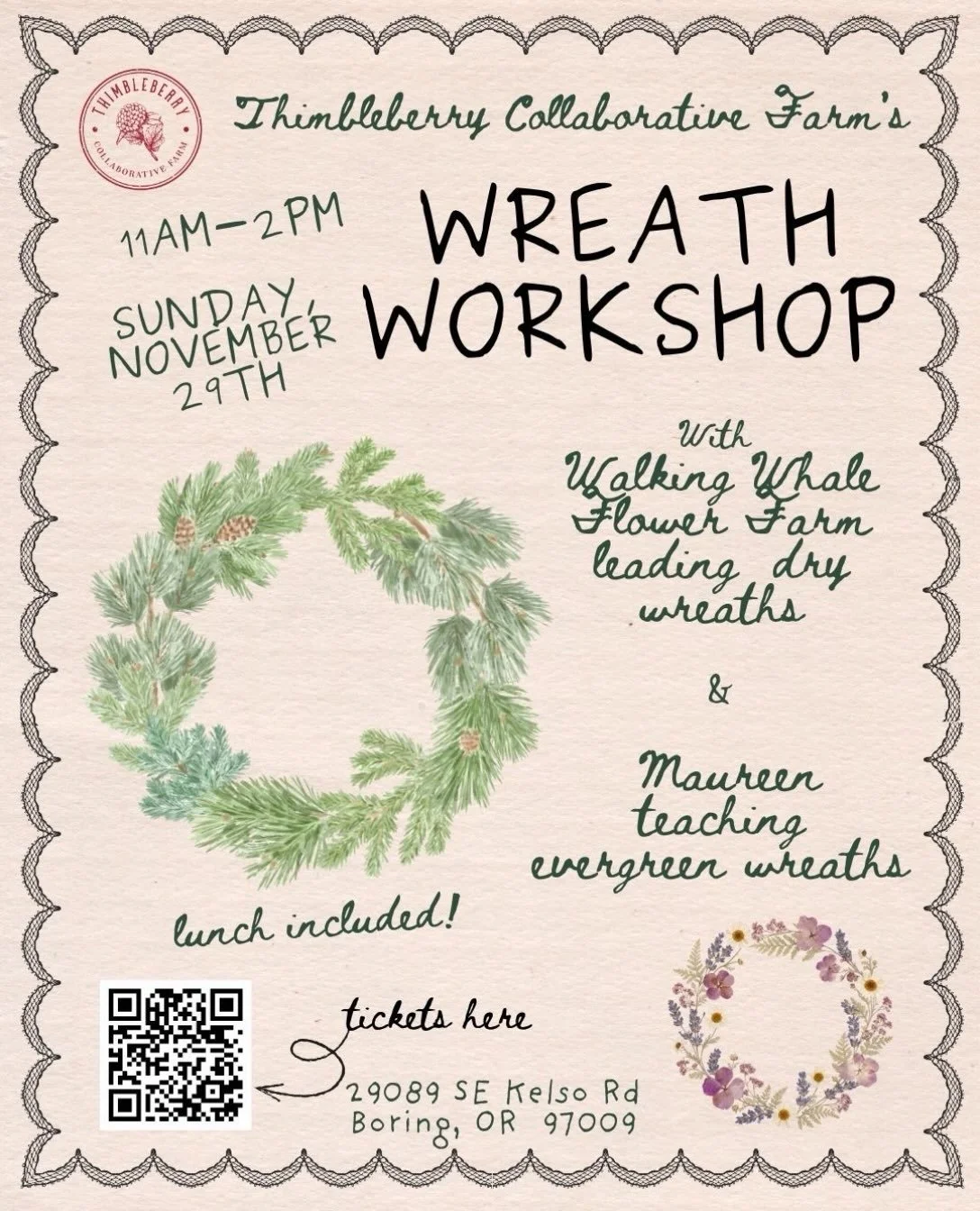 We will be having our third wreath workshop at the farm on November 29th, from 11am-2pm!

What to expect: community connection, crafting time, warm soup with farm fresh ingredients, and a beautiful wreath to take home. 

There are slots for both drie