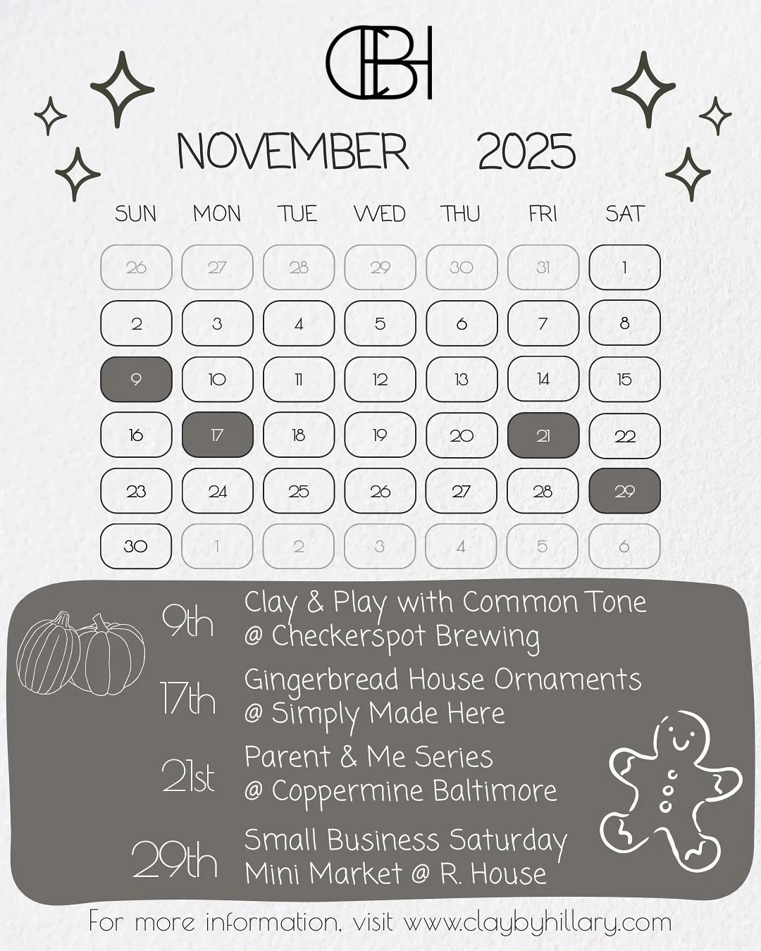 Somehow it&rsquo;s almost November! 🦃 Soak up the last bits of autumn with me!

🎶 Nov. 9th - 𝗖𝗹𝗮𝘆 &amp; 𝗣𝗹𝗮𝘆 with @commontonemusic from 12:30-2:30 hosted by @checkerspotbrewing 
🏠 Nov. 17th - 𝗚𝗶𝗻𝗴𝗲𝗿𝗯𝗿𝗲𝗮𝗱 𝗛𝗼𝘂𝘀𝗲 𝗪𝗼𝗿𝗸𝘀𝗵?