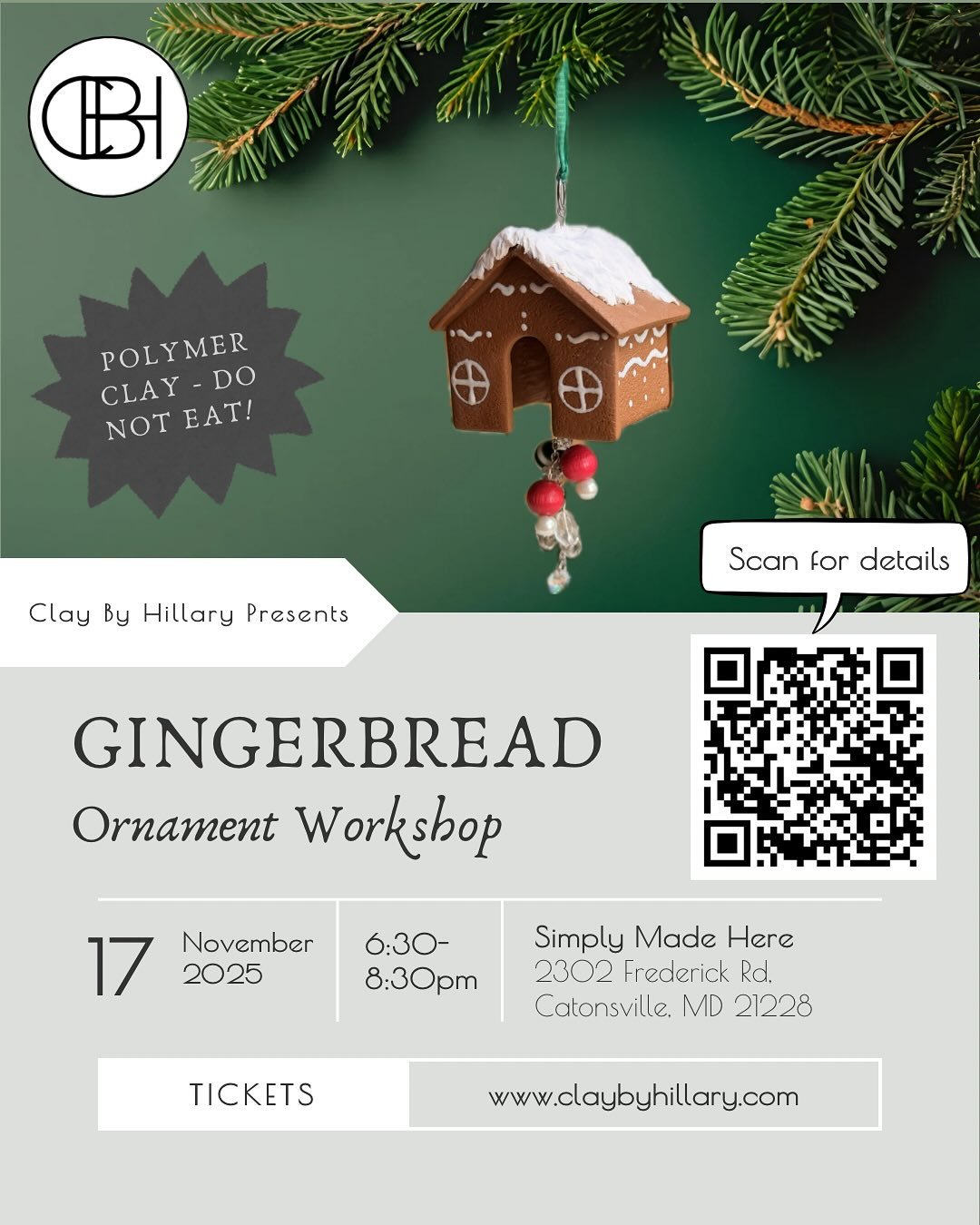 There is still time to get tickets for my Gingerbread House workshop at @simplymadehere this month. Learn how to make a teeny gingerbread house out of clay. These are a great addition to any Christmas tree, and also make great gifts! You can find tic