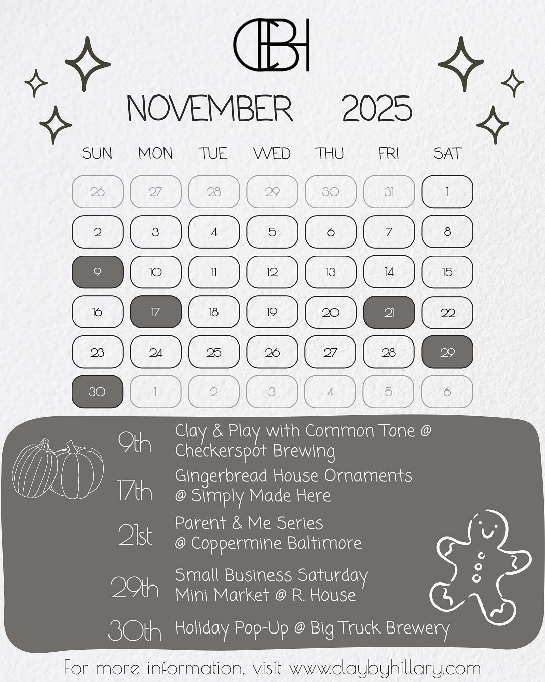 *UPDATE* I&rsquo;ve added ONE MORE marker to this month&rsquo;s schedule! 

🦃 Soak up the last bits of autumn with me!

🎶 Nov. 9th - 𝗖𝗹𝗮𝘆 &amp; 𝗣𝗹𝗮𝘆 with @commontonemusic from 12:30-2:30 hosted by @checkerspotbrewing 
🏠 Nov. 17th - 𝗚𝗶𝗻?