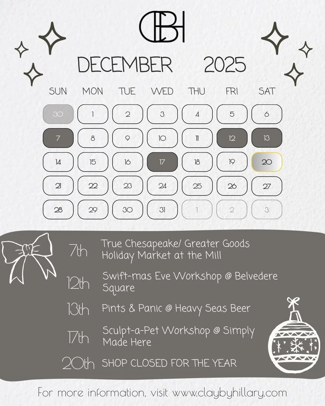 Feeling VERY thankful to have spent the year sharing creativity with you all. Here&rsquo;s what I have coming up for the rest of 2025! 

🎅🏼Dec. 7th - 𝗛𝗼𝗹𝗶𝗱𝗮𝘆 𝗠𝗮𝗿𝗸𝗲𝘁 𝗮𝘁 𝘁𝗵𝗲 𝗠𝗶𝗹𝗹 presented by @greatergoodsmarket_ &amp; @trueches